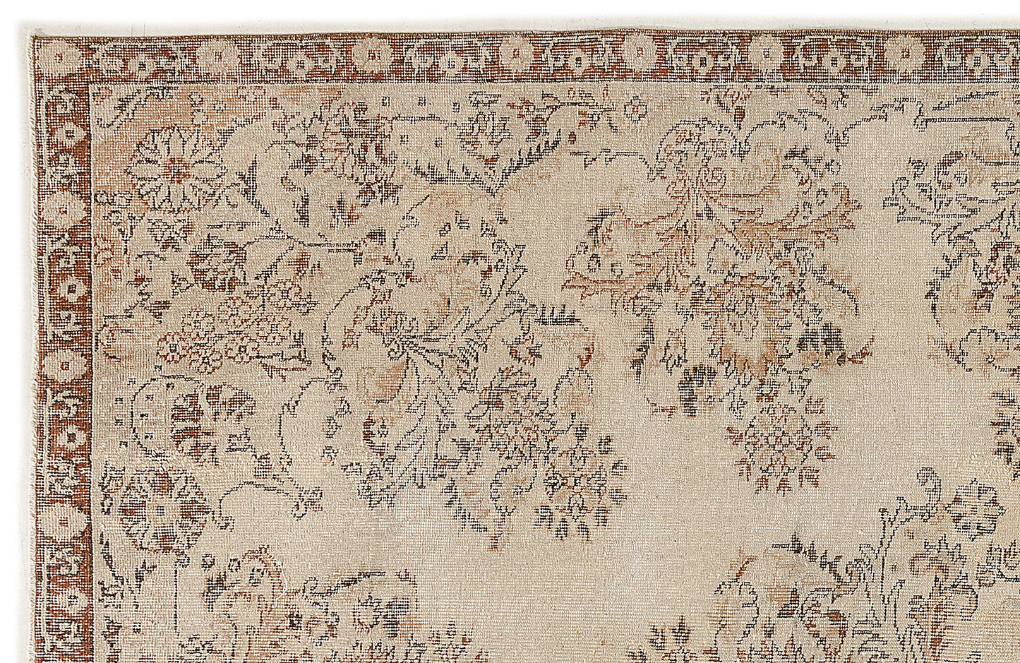 The Tefaas Vintage Floral Rug (6'8 x 9'7) has a beige background with intricate floral and vine patterns in muted brown, rust, and gray tones, finished with a decorative border.