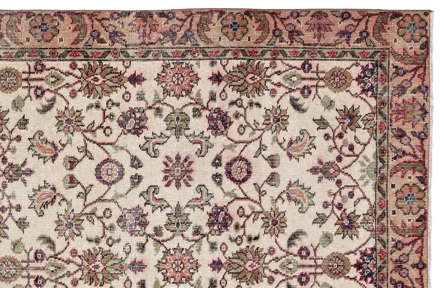 Beige traditional rug with a floral vine pattern in muted red, green, and navy blue, featuring a decorative border.