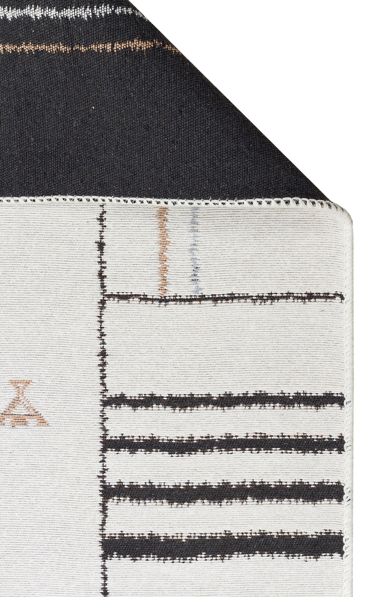 A close-up of the Fog Detail - Washable Double-Sided Kilims - AR40 shows thick black lines on a white background with a solid black edge. The kilim also features subtle tan and gray accents in its design.