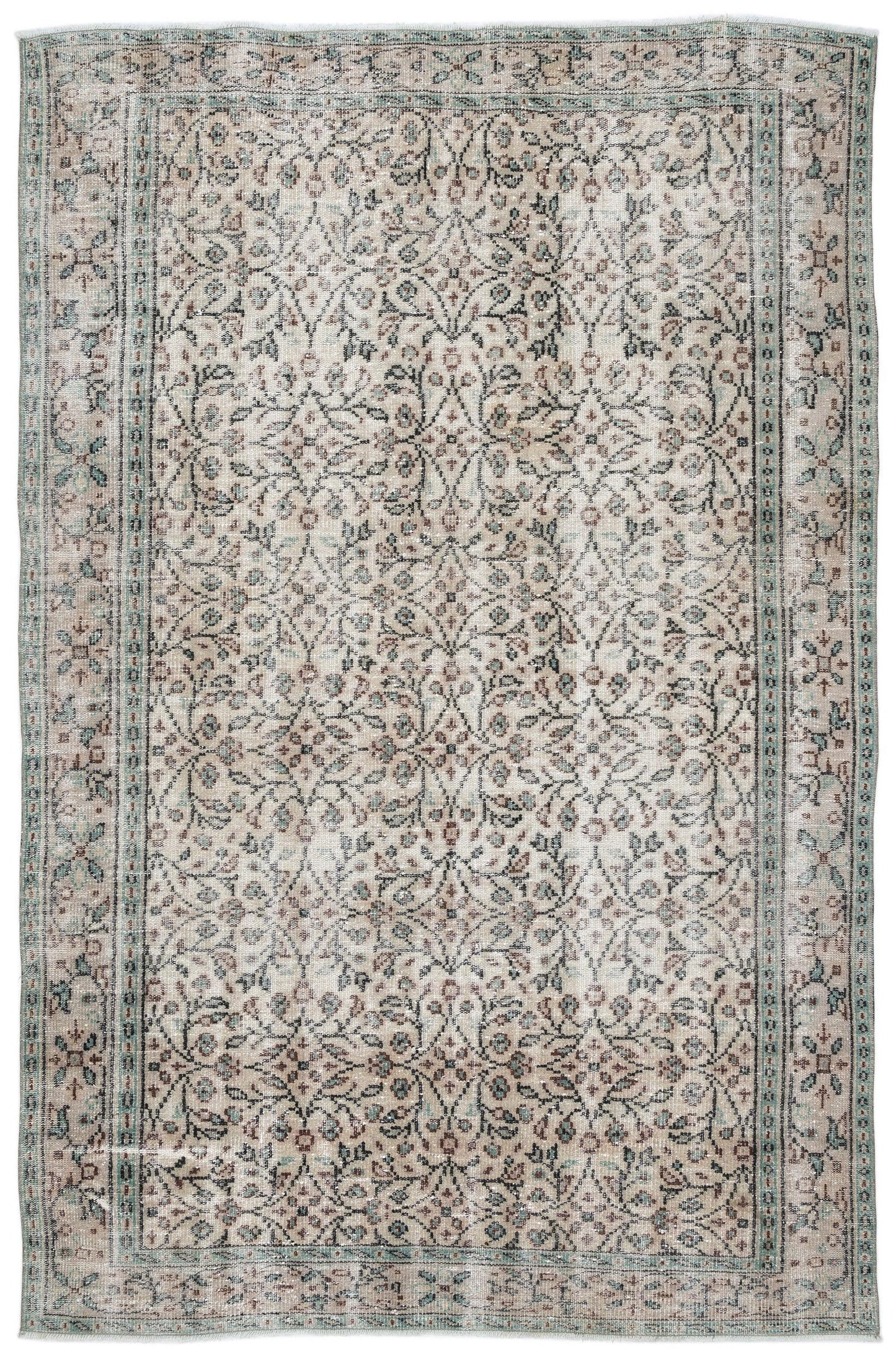 Distressed beige rug with a faded floral vine pattern, teal accents, and a traditional border on a white background.