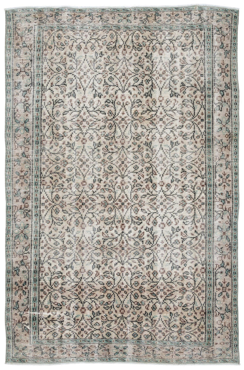 Load image 1 in gallery view. Distressed beige rug with a faded floral vine pattern, teal accents, and a traditional border on a white background.