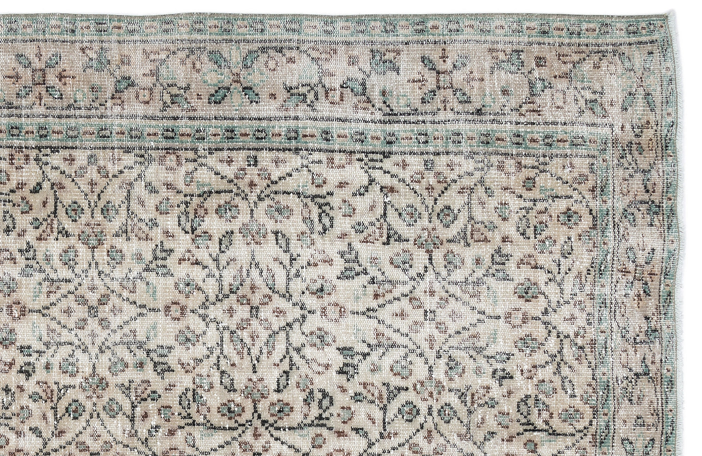 Beige and sage green traditional rug with a distressed floral pattern and a decorative border.