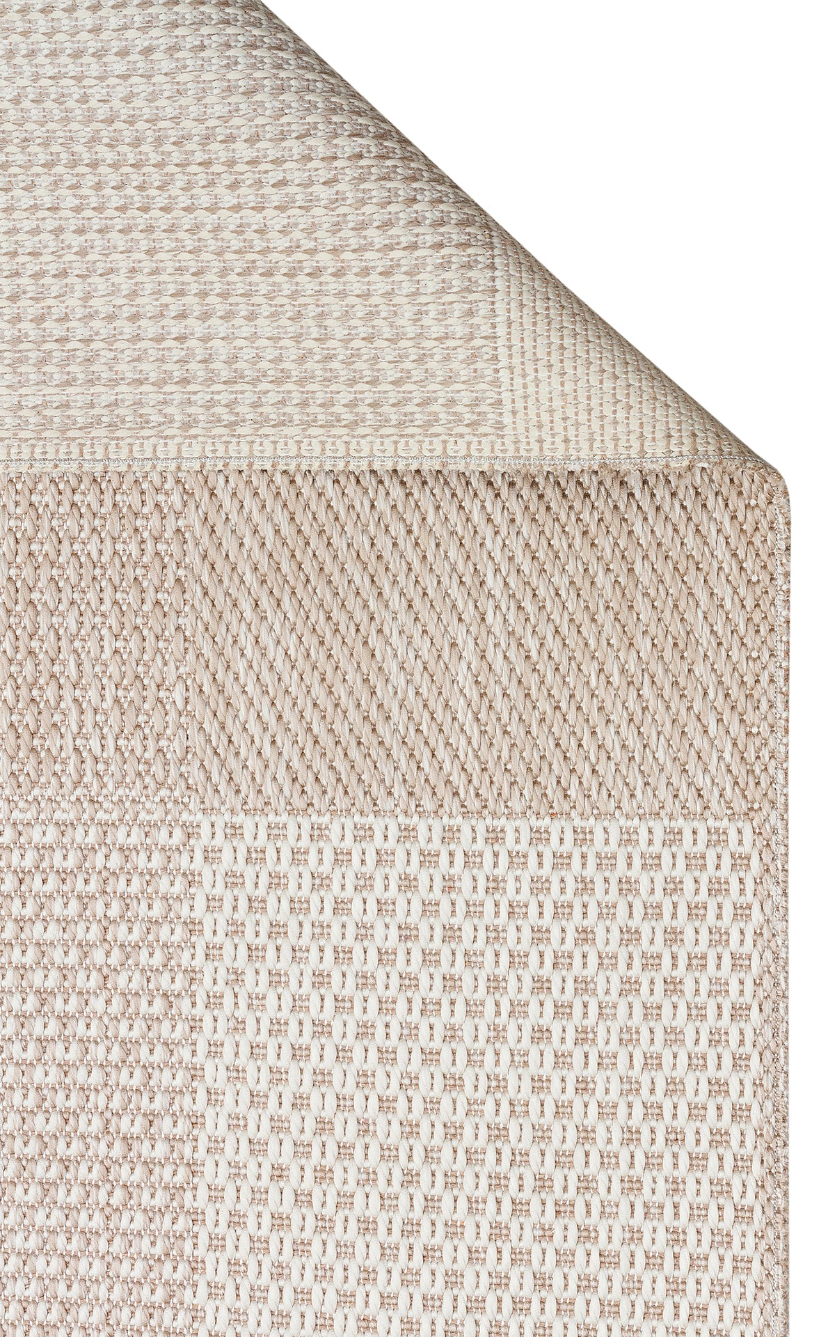 A close-up of the folded corner of the Natural Stitch - Kilim - MNO01 rug reveals its beige and cream textured patterns and soft, minimal design.
