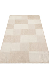 The Natural Stitch - Kilim - MNO01 is a rectangular flatwoven polyester rug with a checkerboard pattern of beige and off-white textured squares, shown on a white background.