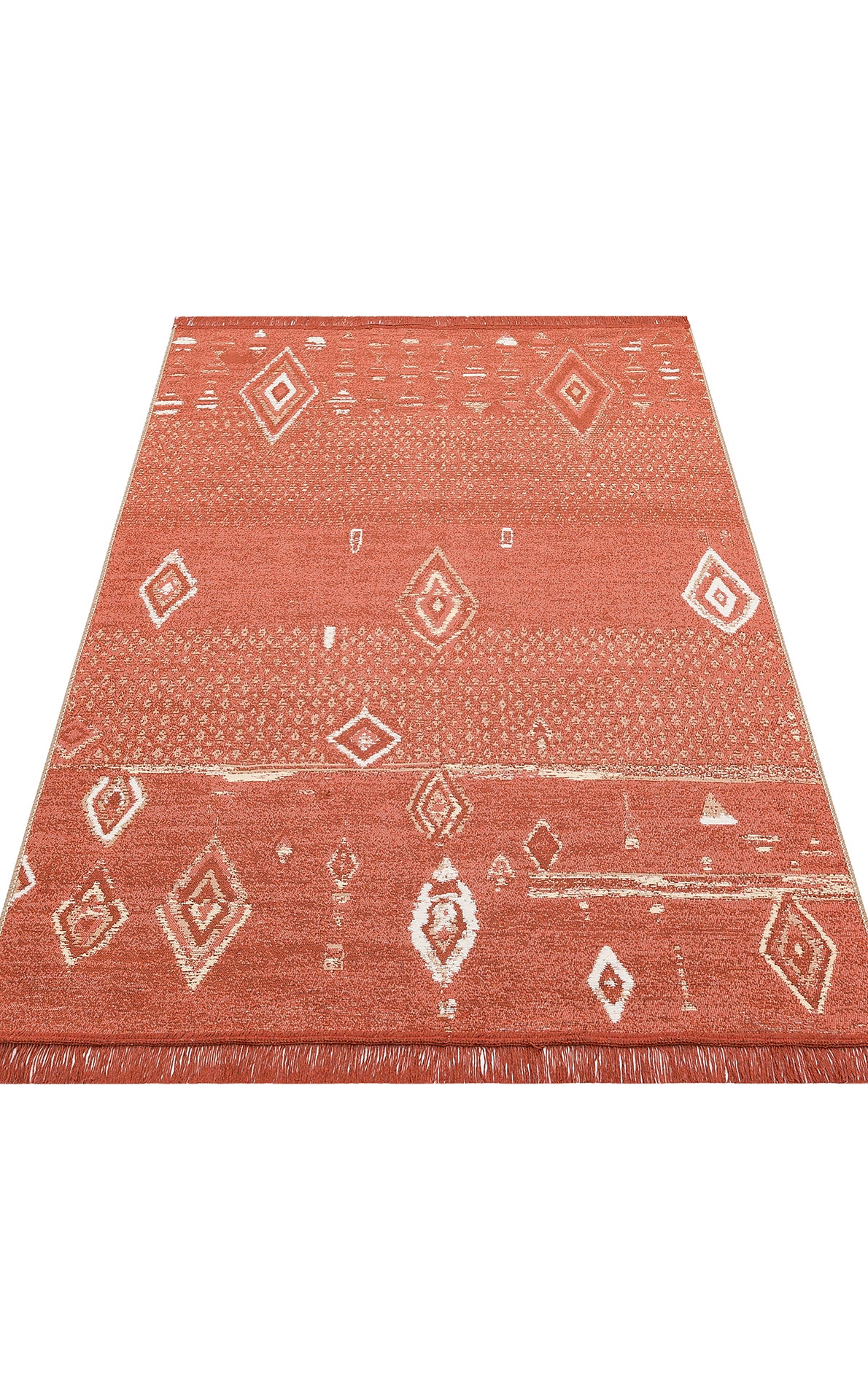 The Clay Blend - Washable Double-Sided Kilims - AR37 is a rectangular, terracotta-hued recycled cotton rug with white geometric patterns and fringed ends—ideal for adding bohemian flair to your home decor.