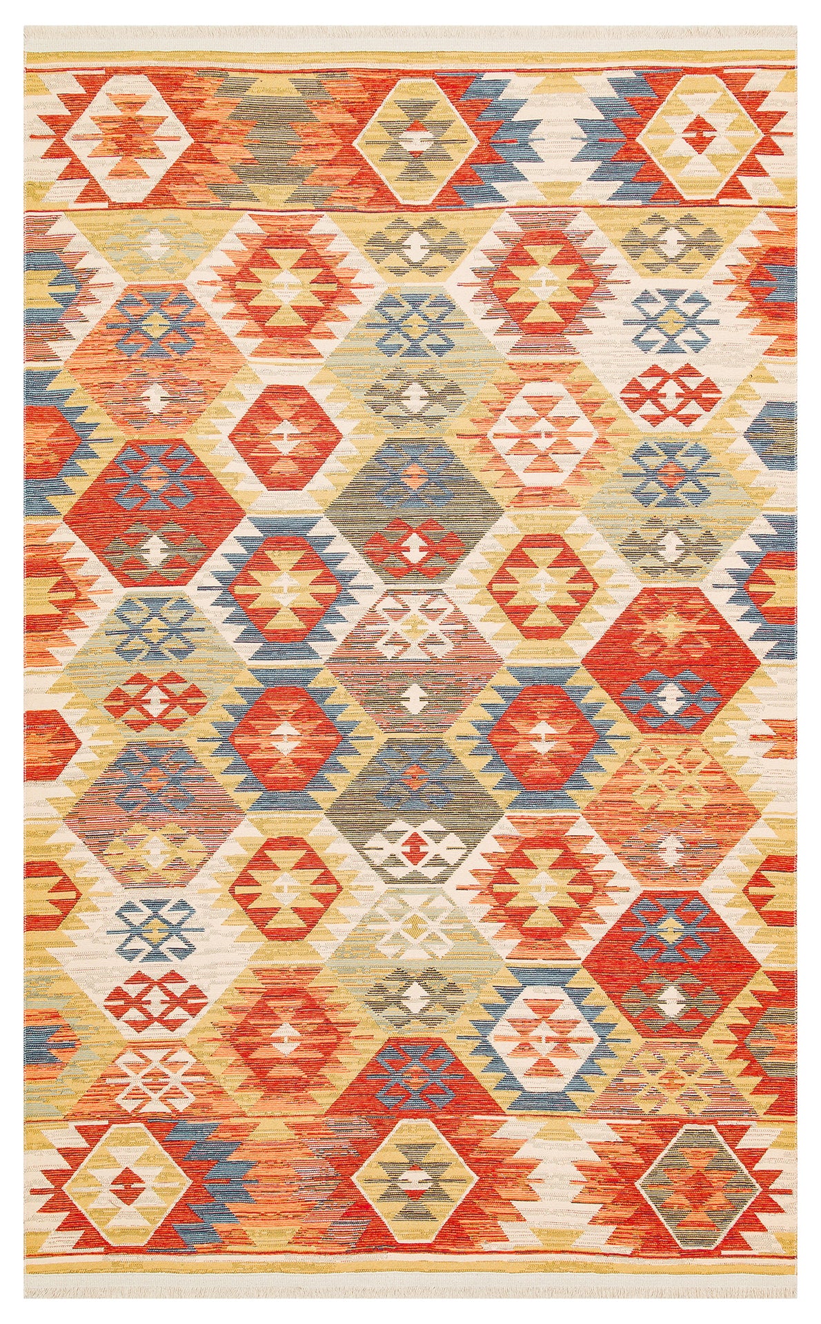 The Ethnic Mix - Kilim - NMD01 is a vibrant multicolour rug with geometric diamonds, hexagons, and triangles in red, orange, yellow, blue, and cream. Symmetrical tribal motifs add unique boho charm.