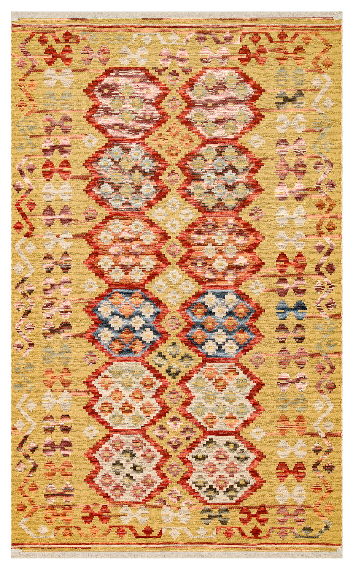 The Crimson Dot - Kilim - NMD03 is a rectangular polyester flat weave rug with a yellow background, displaying rows of red, blue, green, pink, and orange geometric diamonds and hexagons. The border has small ethnic rug motifs.