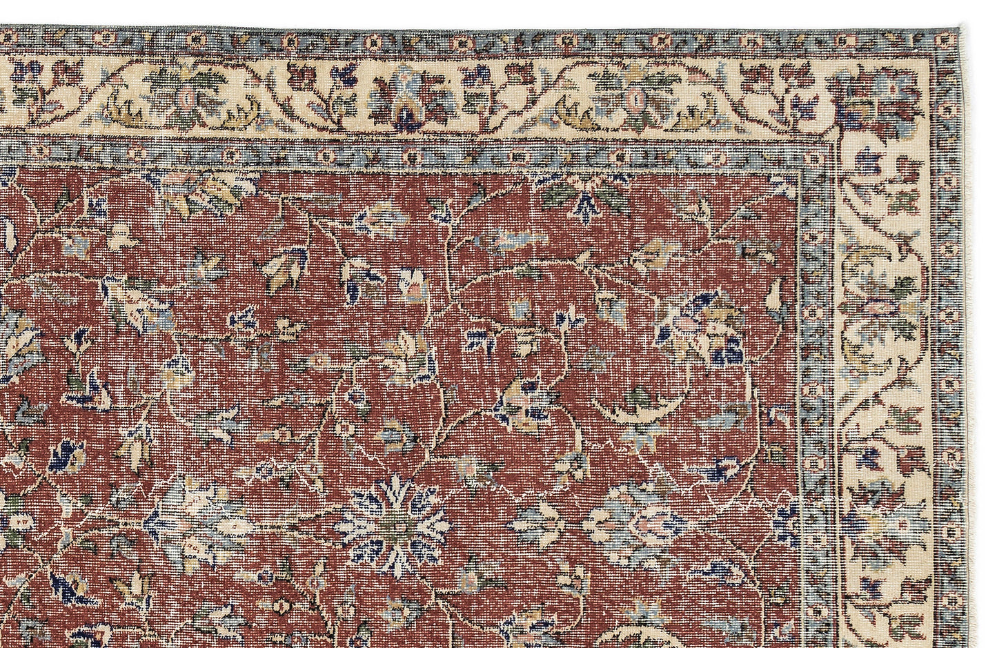 Terracotta traditional rug with a floral vine pattern, cream and blue borders, and a distressed finish.