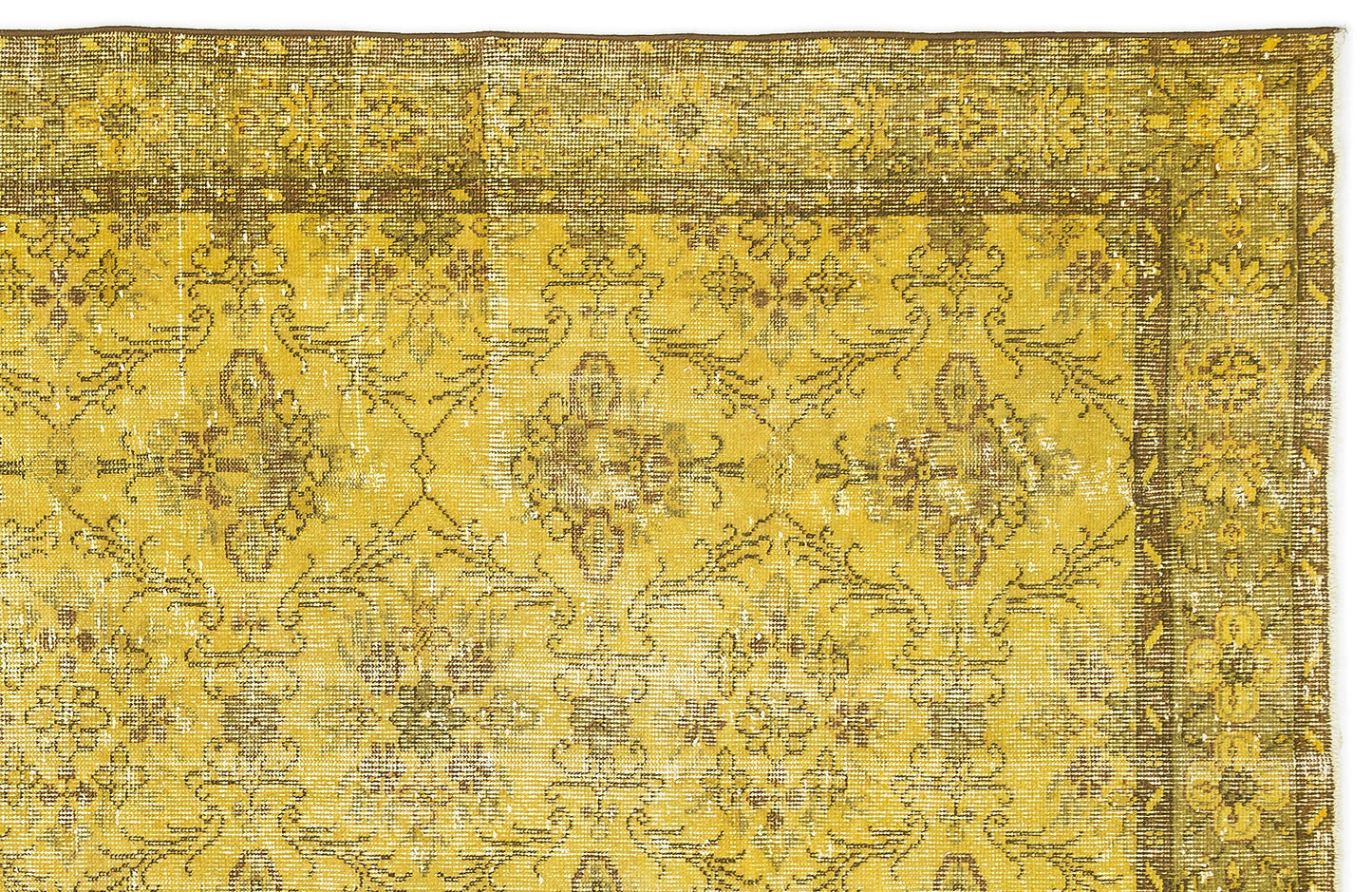 Mustard yellow and brown distressed rug with a traditional floral medallion pattern and a decorative border.