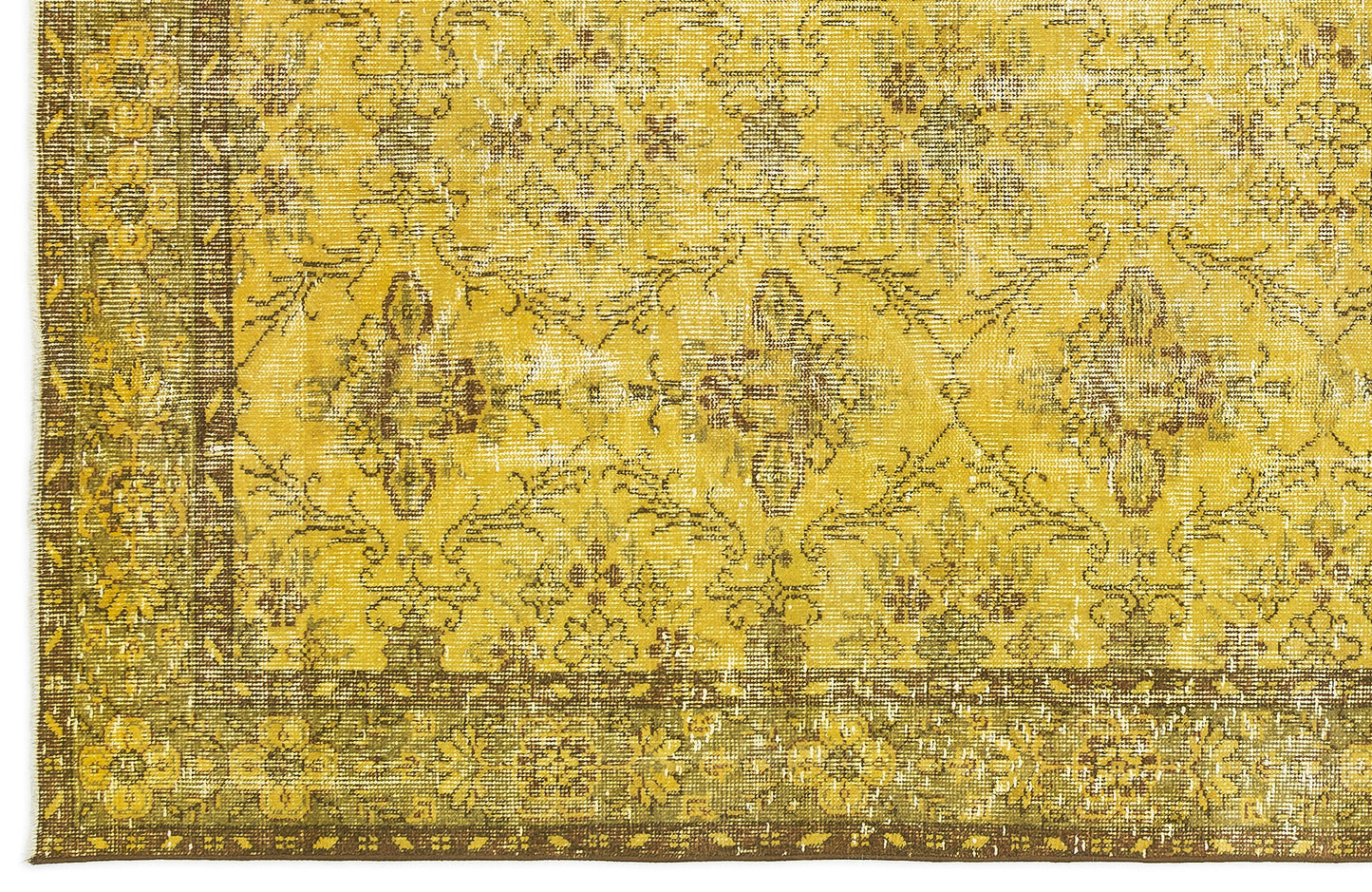 Mustard yellow and brown distressed rug with a traditional floral medallion pattern and a wide decorative border.