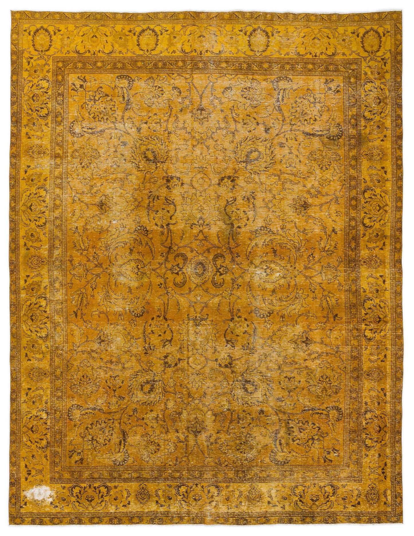 Mustard yellow vintage-style rug with a dark brown distressed floral medallion pattern and ornate border.
