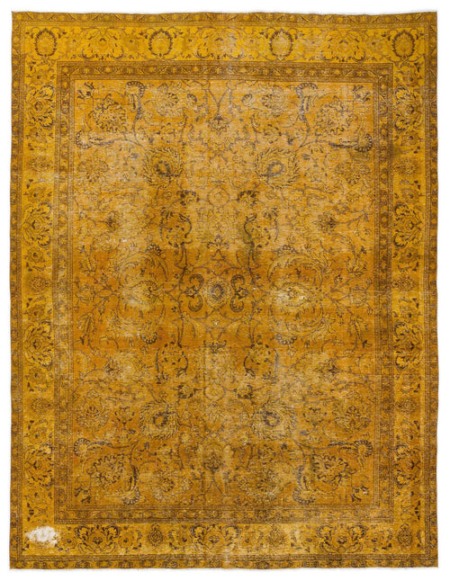 Load image 1 in gallery view. Mustard yellow vintage-style rug with a dark brown distressed floral medallion pattern and ornate border.