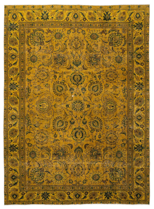 Load image 1 in gallery view. Mustard yellow traditional rug with a dark green and brown floral medallion pattern and an ornate decorative border.