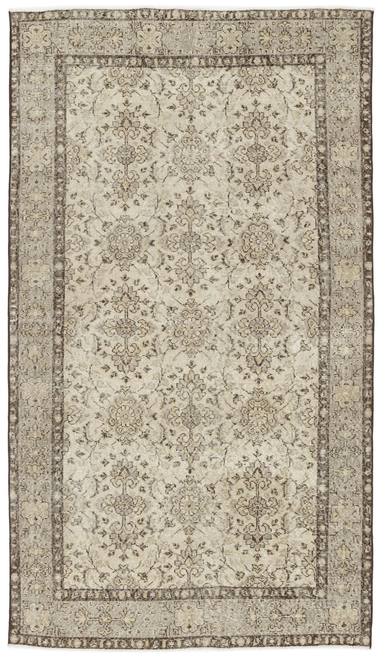 The Kemora Vintage Floral Rug (4'10" x 8'6") features an Anatolian-inspired rectangular design with intricate floral and vine patterns in muted beige and brown, a decorative border, and a subtly distressed, vintage appearance.