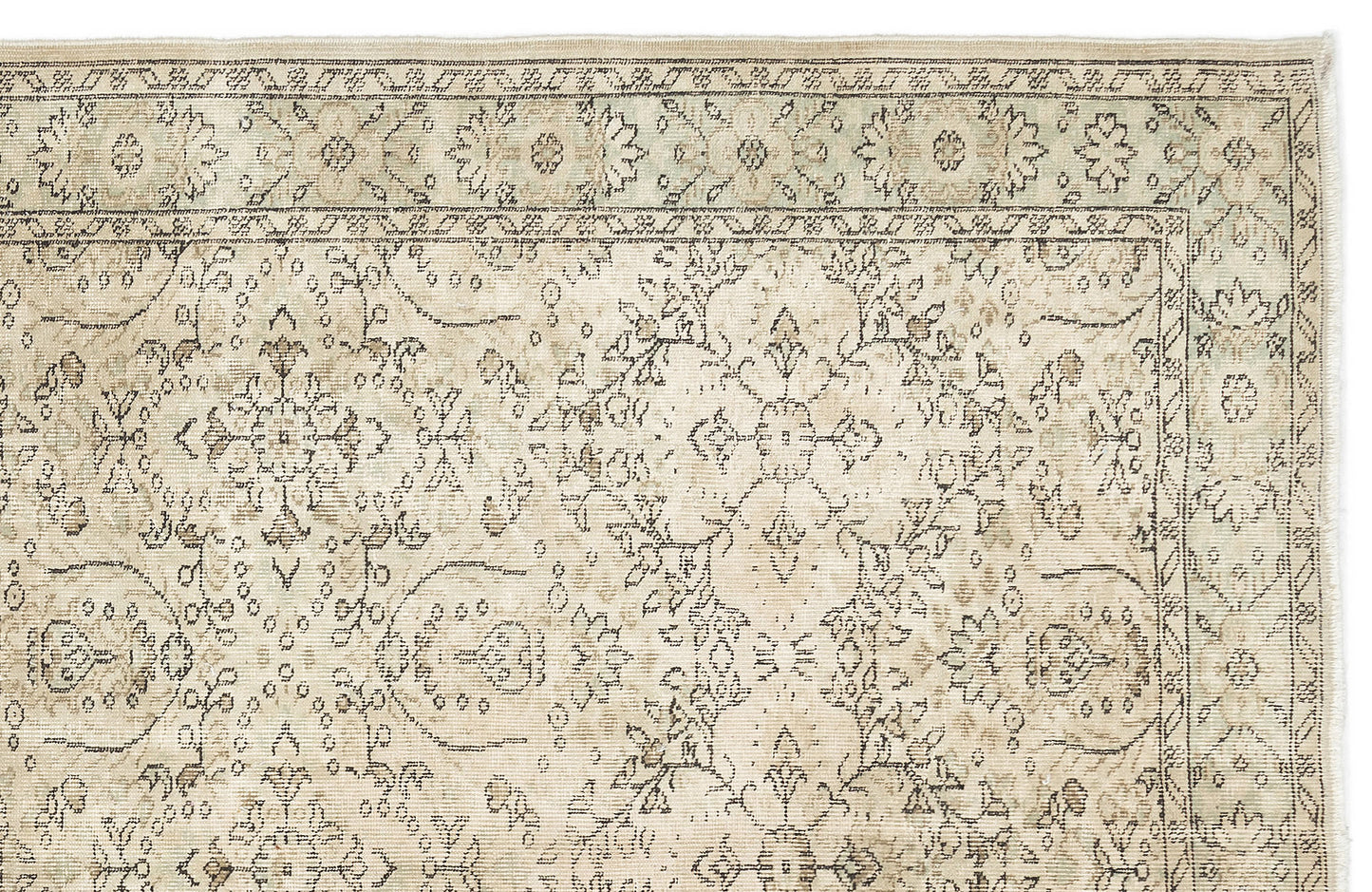 Beige and cream traditional rug with a faded floral medallion pattern and a detailed geometric border.