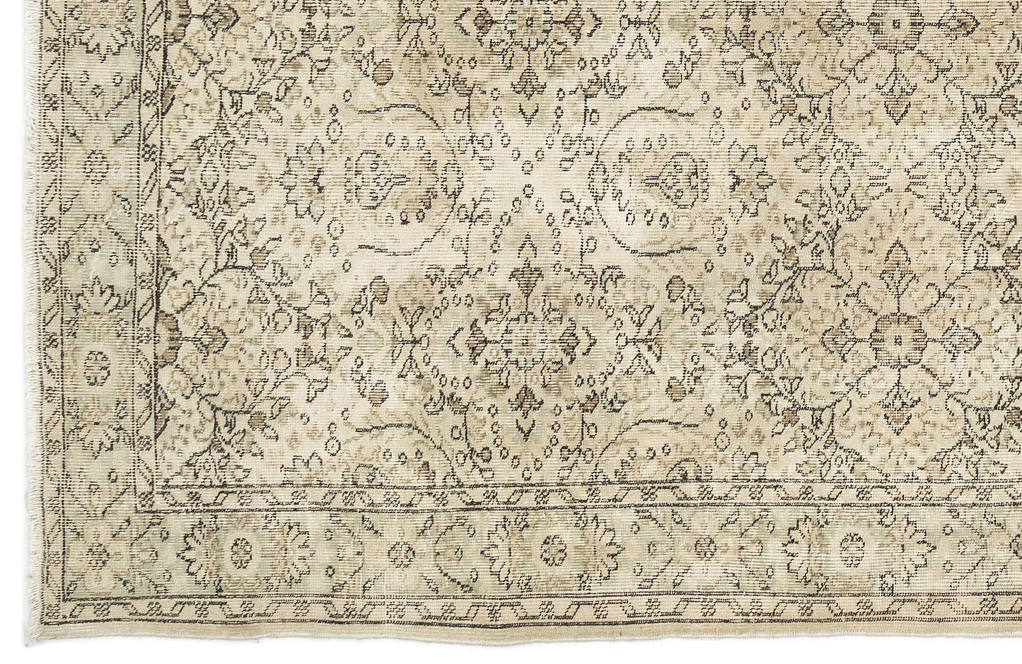Beige and taupe traditional rug with a distressed floral medallion pattern and a fringed border.