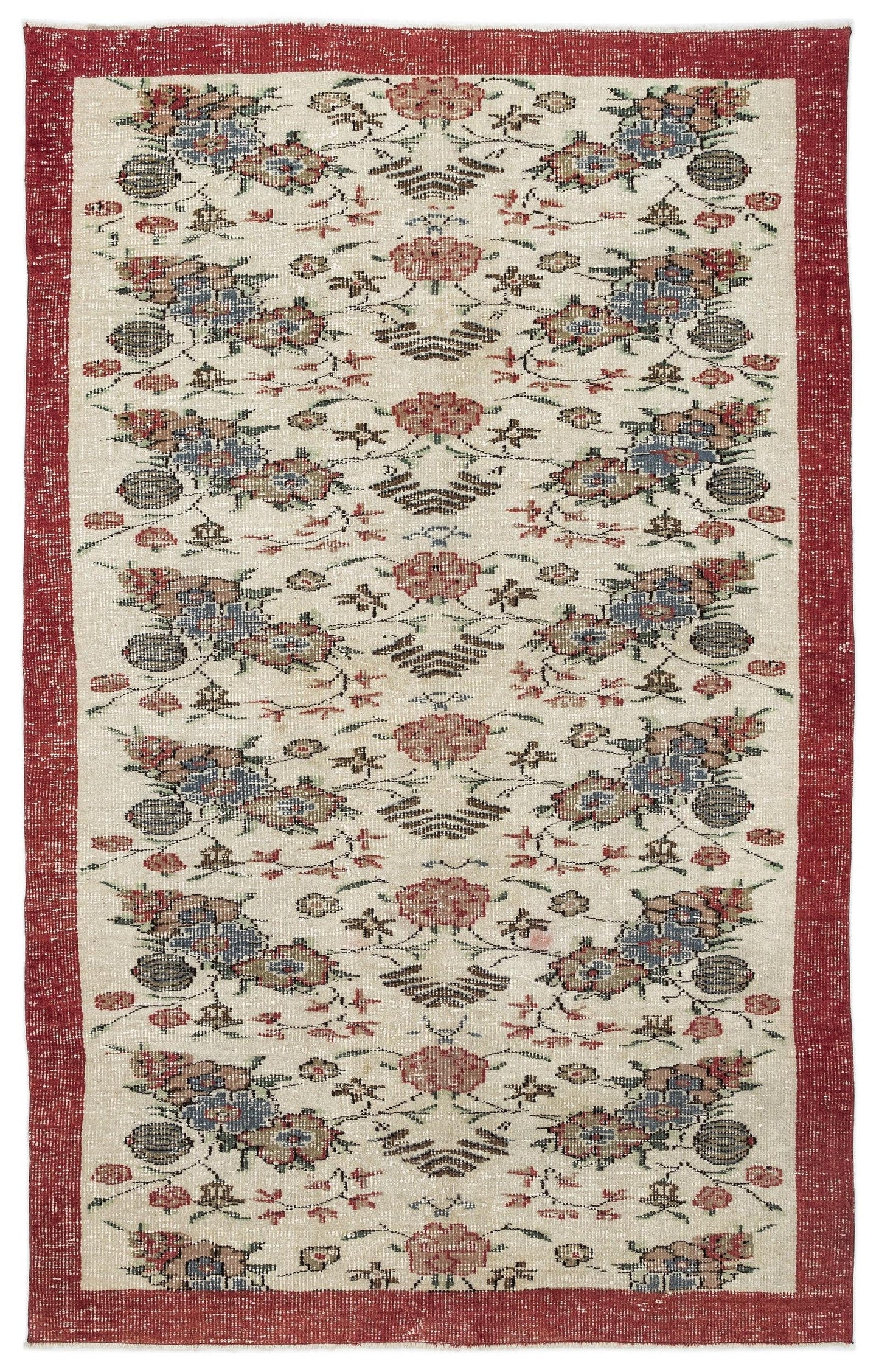 Cream rug with a red border and a repeating floral pattern in red, blue, and green on a white background.