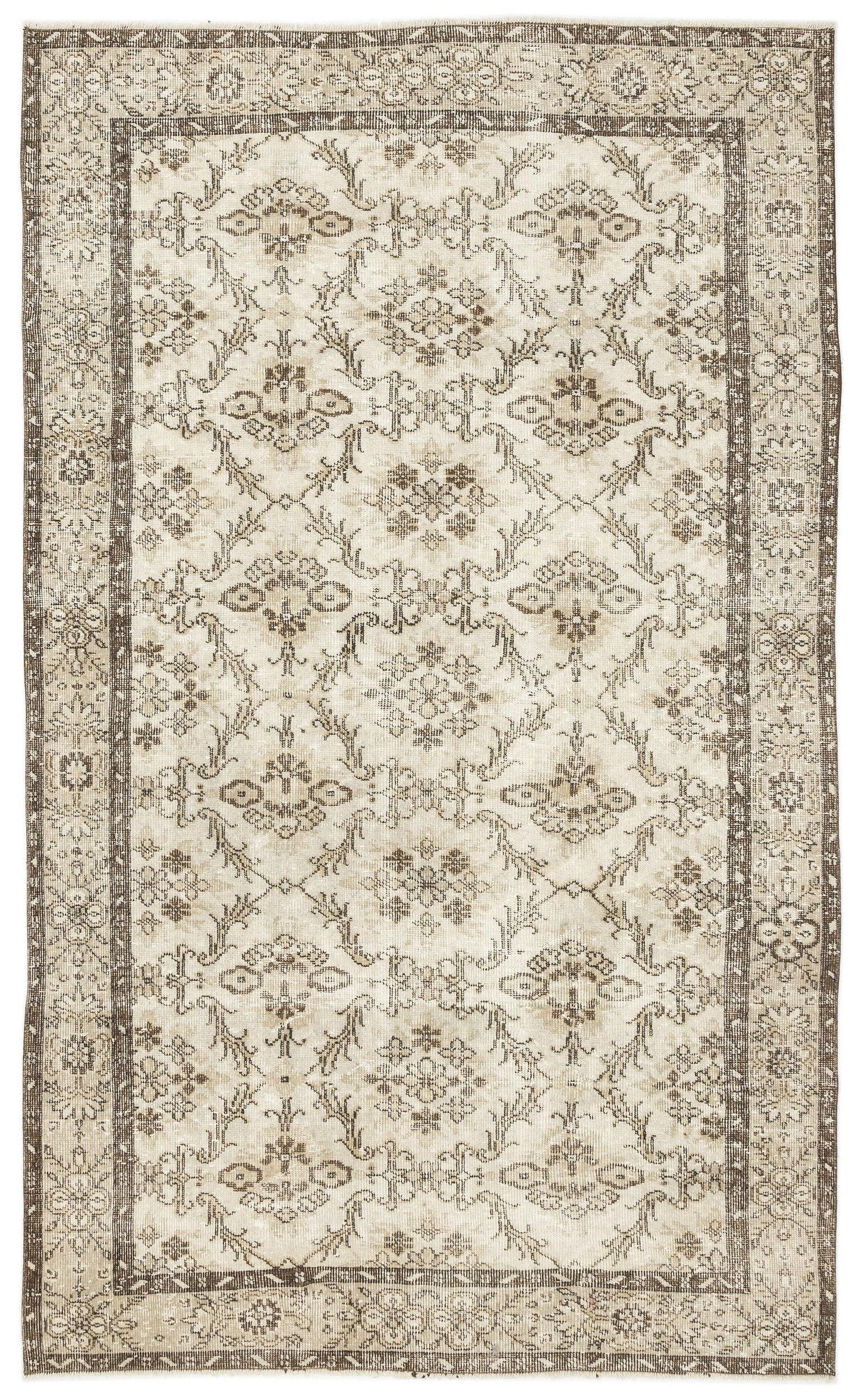 Beige and brown rug with a traditional floral medallion pattern and a decorative border on a white background.