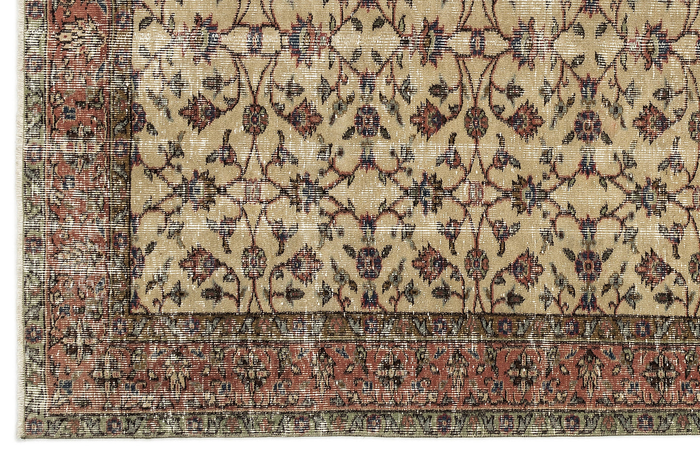 Beige rug with a distressed floral vine pattern in red, blue, and green, featuring a wide decorative border.