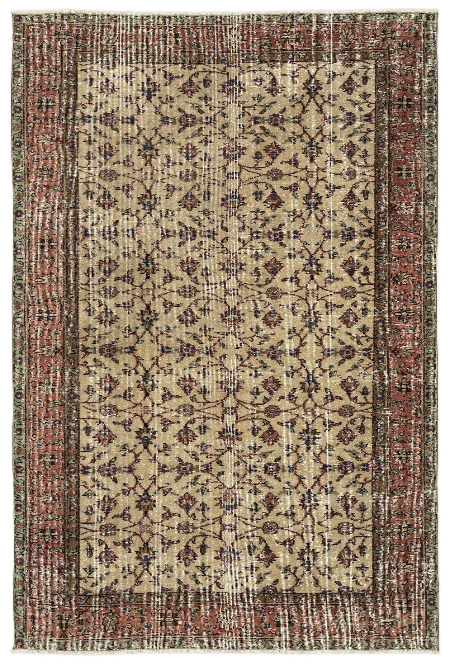 Beige traditional rug with a distressed floral vine pattern and a wide red and green border.
