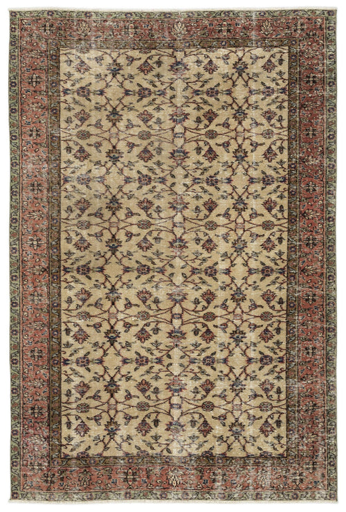 Load image 1 in gallery view. Beige traditional rug with a distressed floral vine pattern and a wide red and green border.