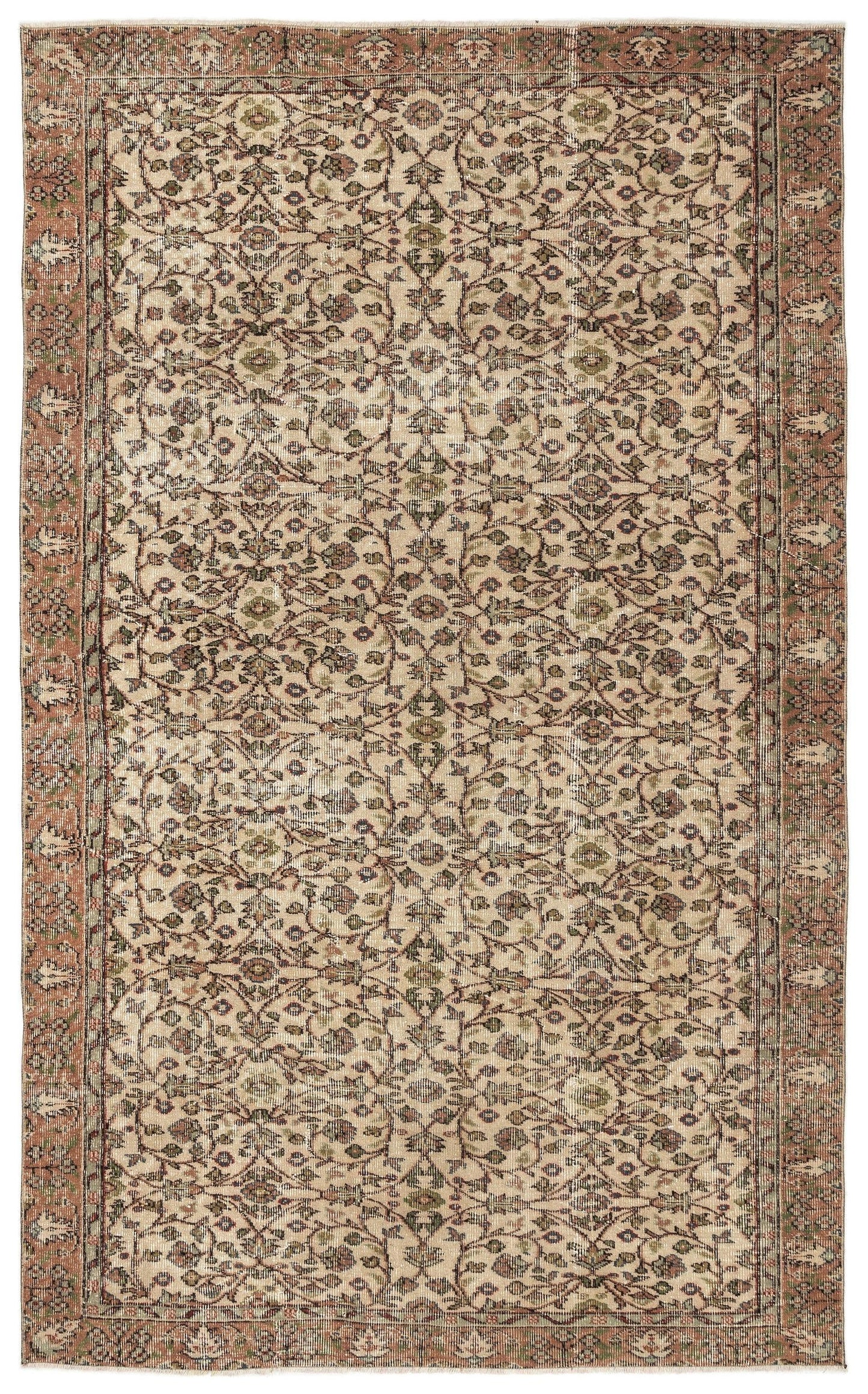 Beige vintage-style rug with a distressed floral vine pattern in muted terracotta, sage green, and charcoal.
