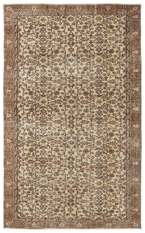 Load image 1 in gallery view. Beige vintage-style rug with a distressed floral vine pattern in muted terracotta, sage green, and charcoal.