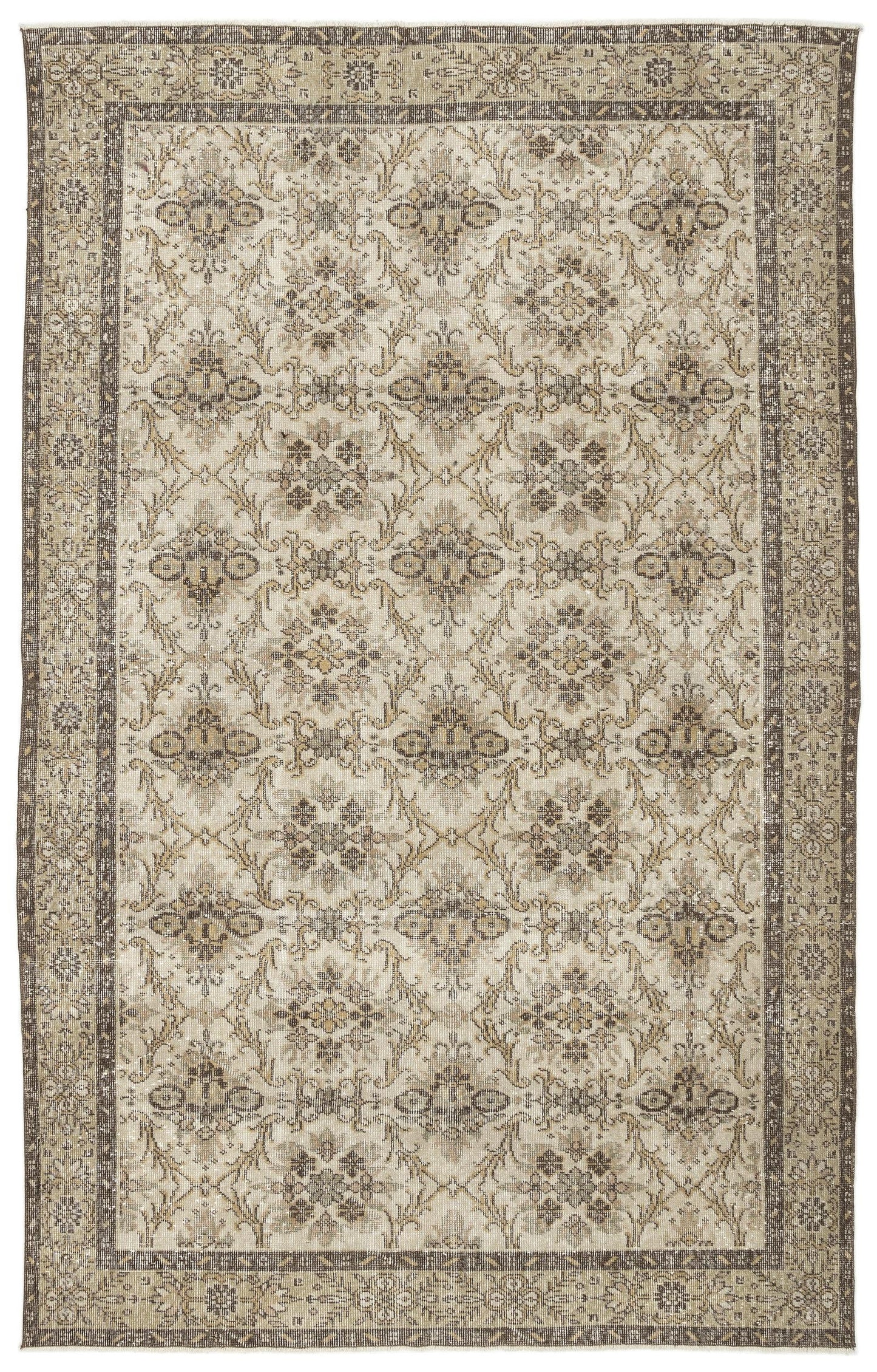 The Sadeane Vintage Floral Rug (6'0 x 9'8) features a detailed beige, brown, and gray floral vine pattern with an ornate geometric floral border, reflecting classic Anatolian design.