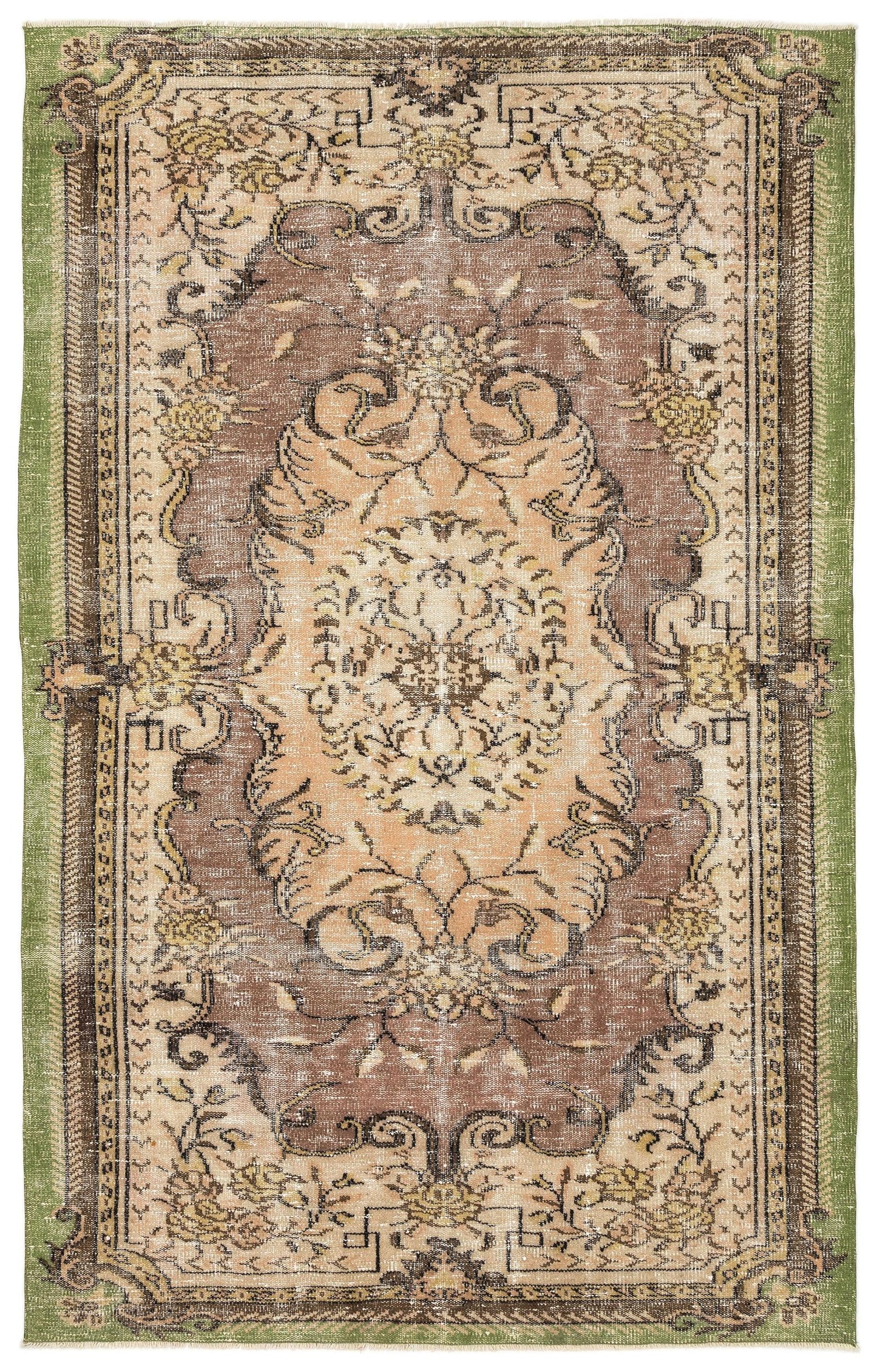 Distressed brown, beige, and green traditional rug with a central floral medallion and ornate geometric border.