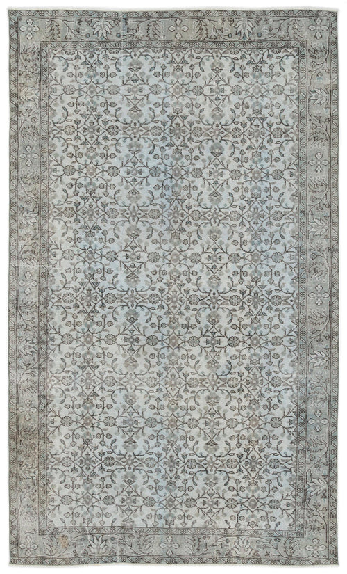Load image 1 in gallery view. Light blue and grey vintage-style rug with a repeating floral vine pattern and a decorative border.