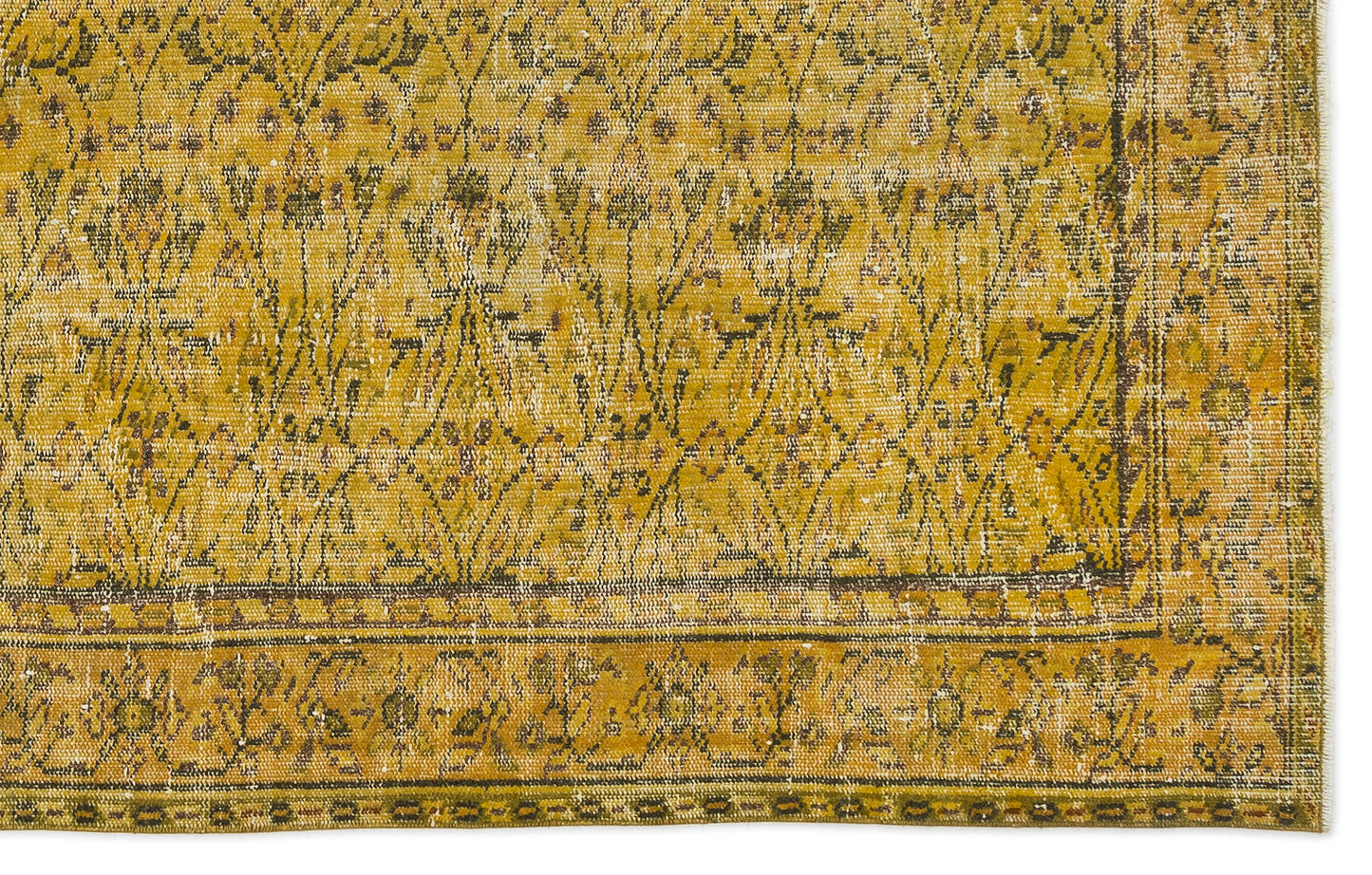 Mustard yellow vintage-style rug with a distressed diamond lattice pattern and a decorative floral border.