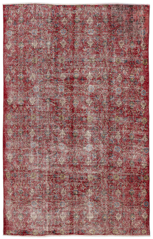 Load image 1 in gallery view. Distressed red vintage-style rug with an all-over faded floral pattern in cream, blue, and yellow accents.