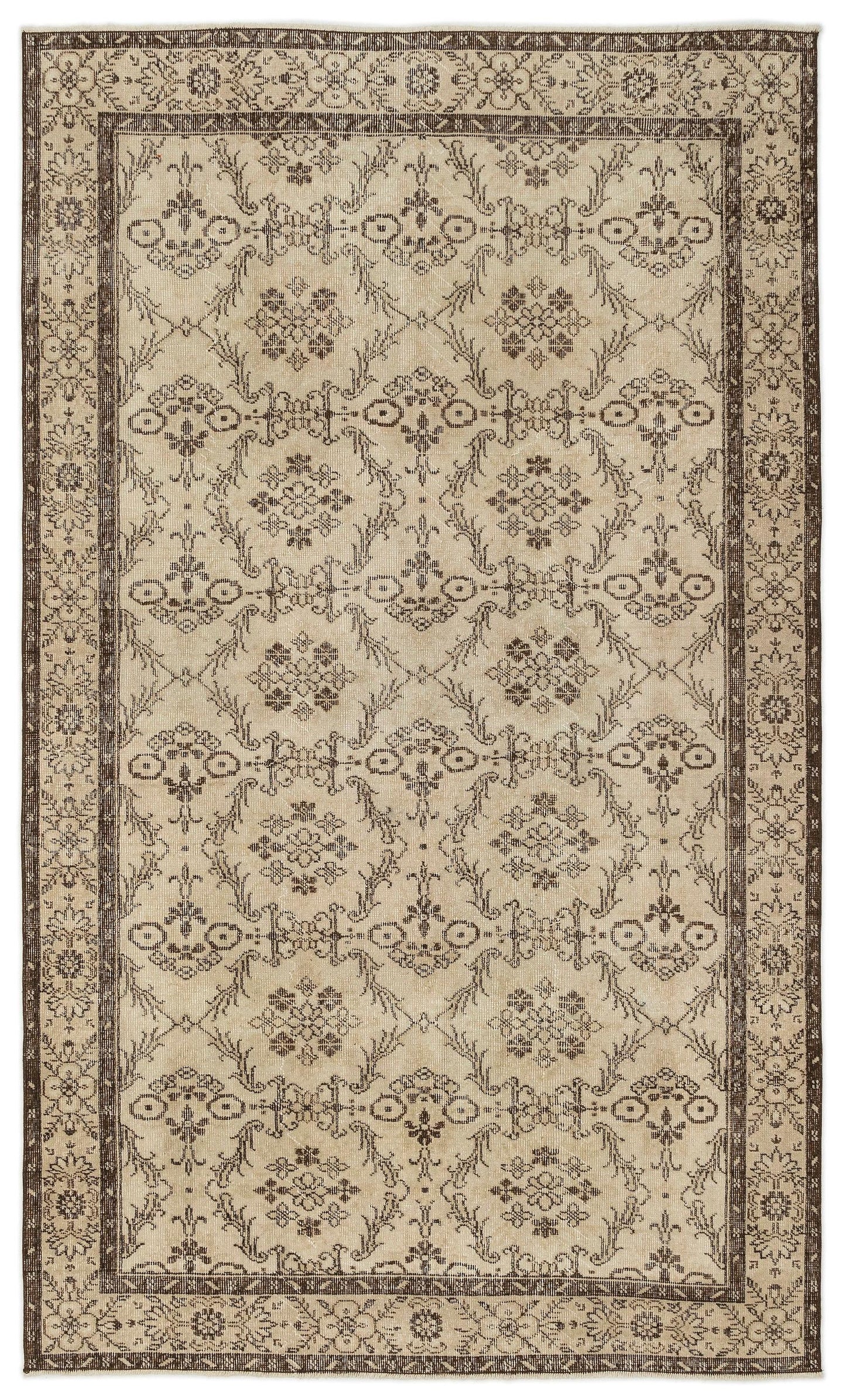 Beige and dark brown traditional rug with a repeating floral medallion pattern and a decorative border.