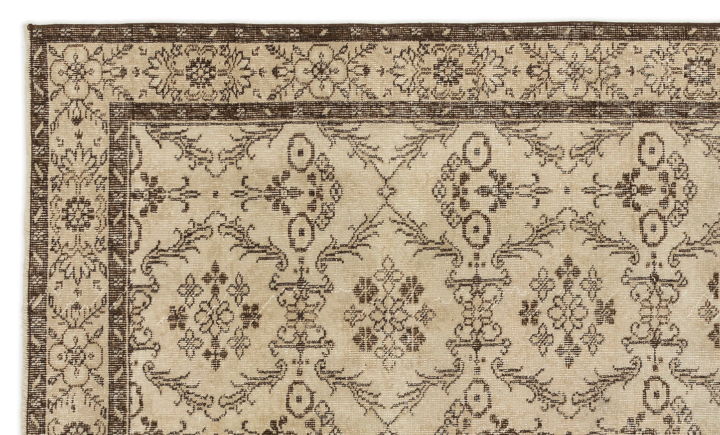 Beige and dark brown rug with a traditional floral medallion border and repeating geometric botanical pattern.