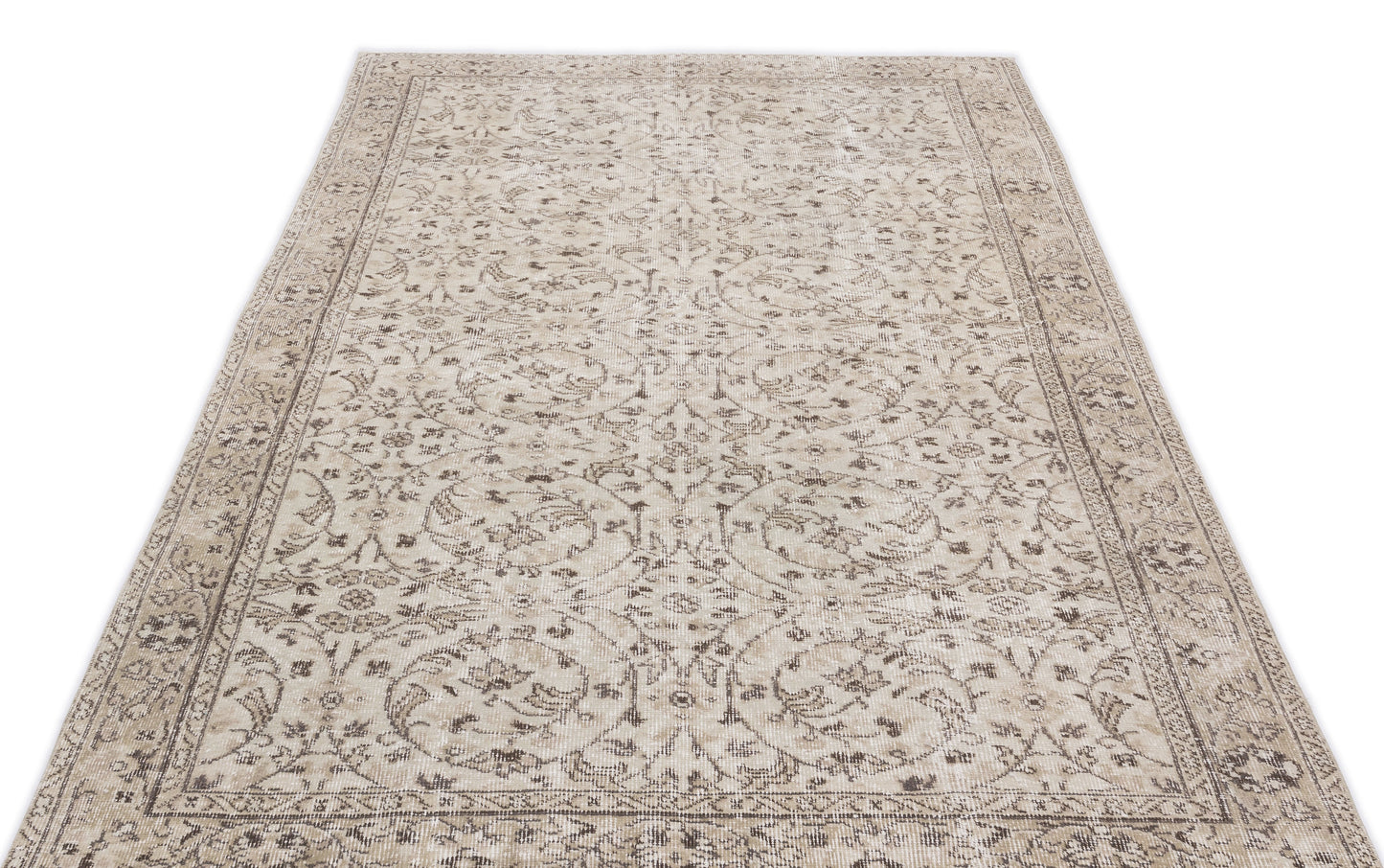 Beige and taupe vintage-style rug with a distressed floral medallion pattern and a detailed border on a white background.