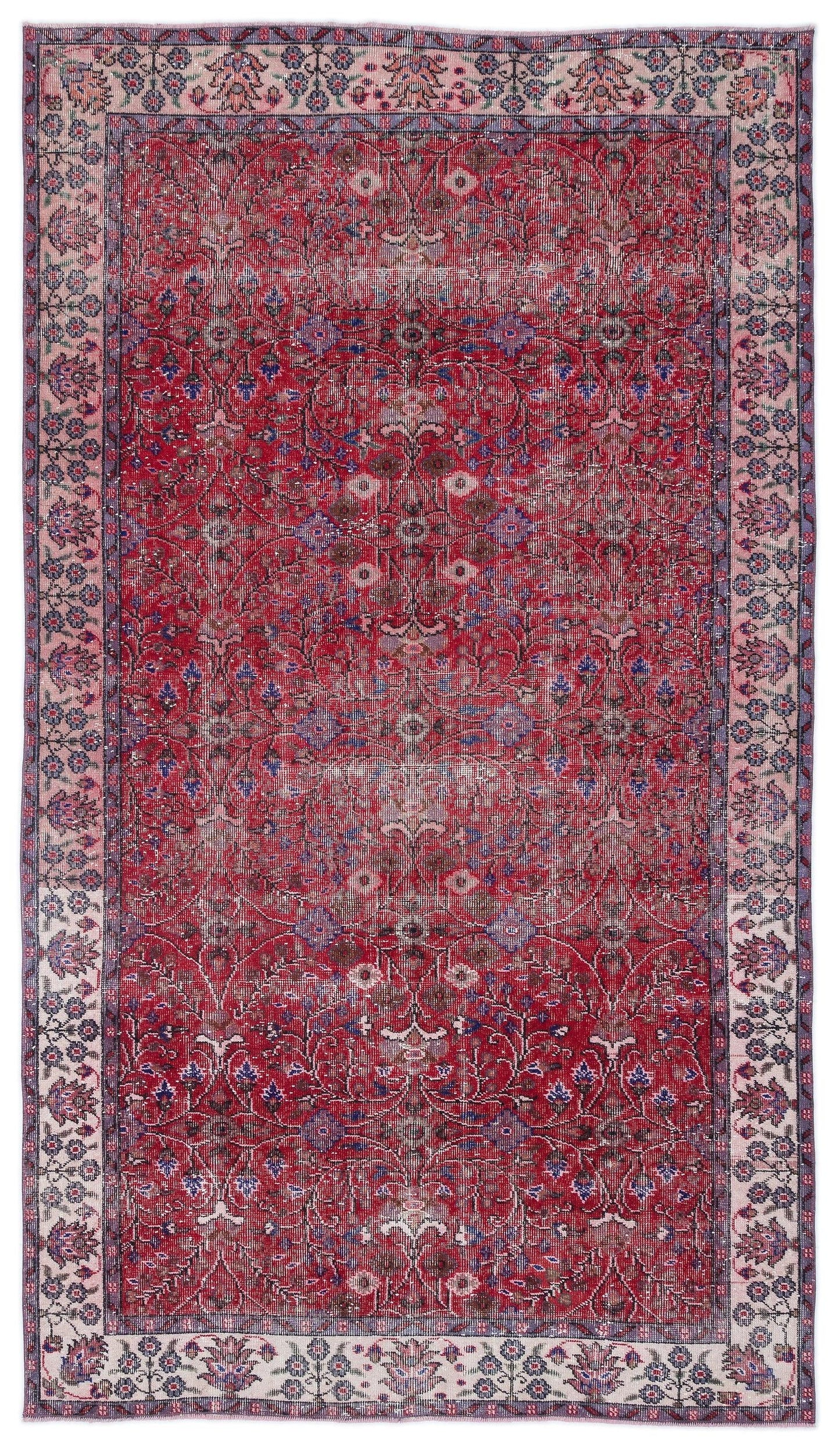 Red vintage-style rug with a distressed floral medallion pattern and a detailed botanical border on a white background.