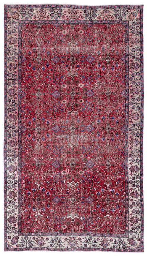 Load image 1 in gallery view. Red vintage-style rug with a distressed floral medallion pattern and a detailed botanical border on a white background.