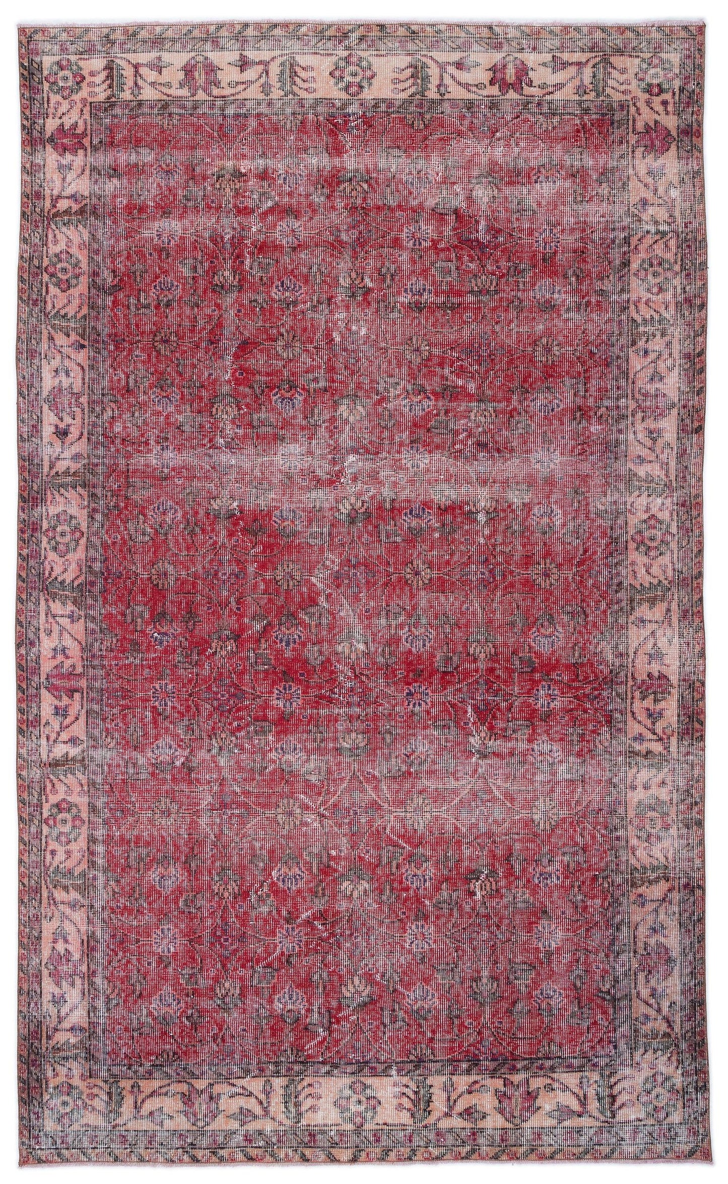 Distressed red and pink vintage-style rug with a central floral medallion and ornate border on a white background.