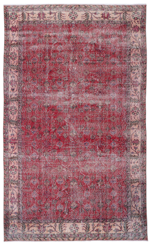 Load image 1 in gallery view. Distressed red and pink vintage-style rug with a central floral medallion and ornate border on a white background.