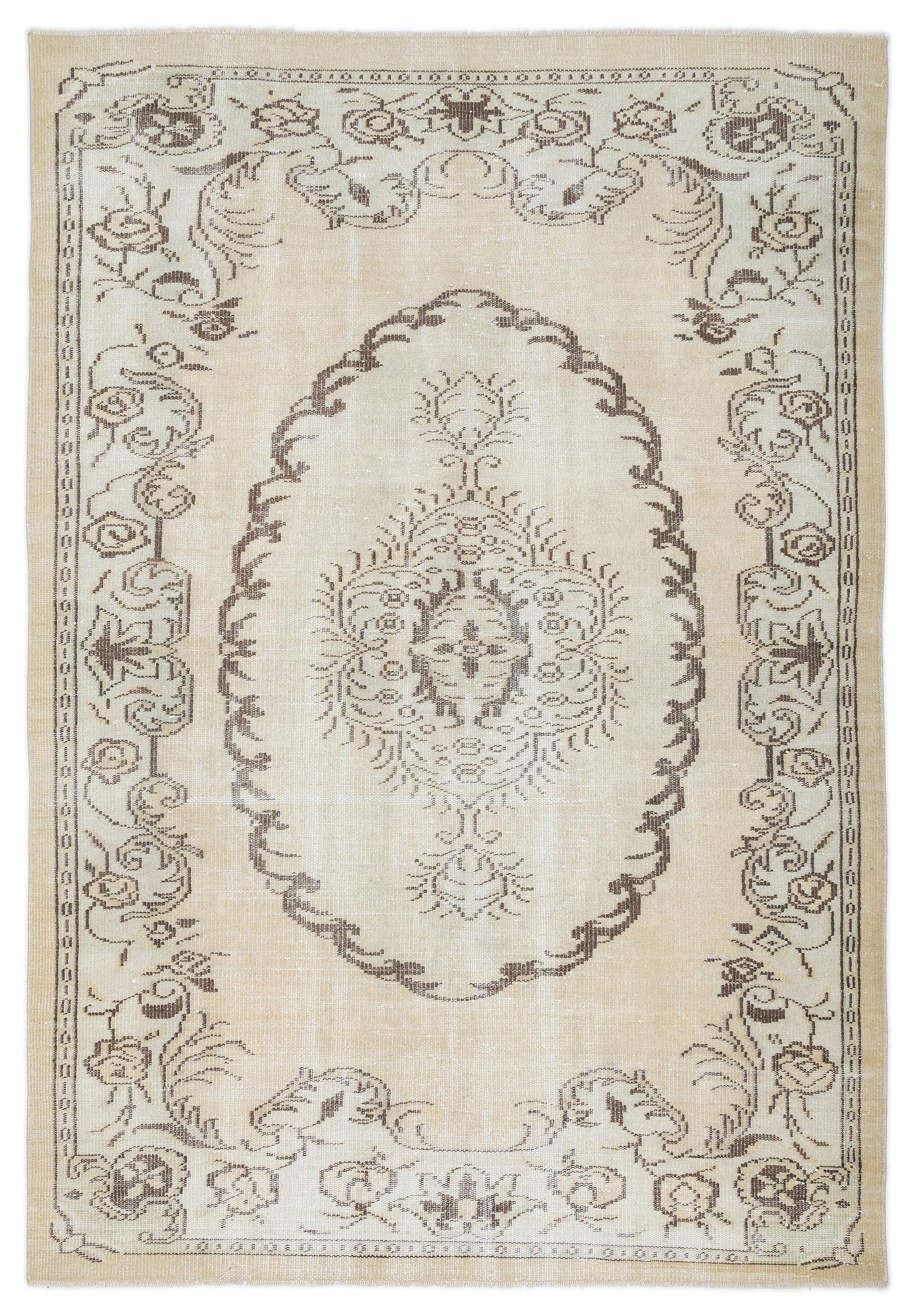 Beige and brown traditional rug with a central floral medallion and ornate border pattern.