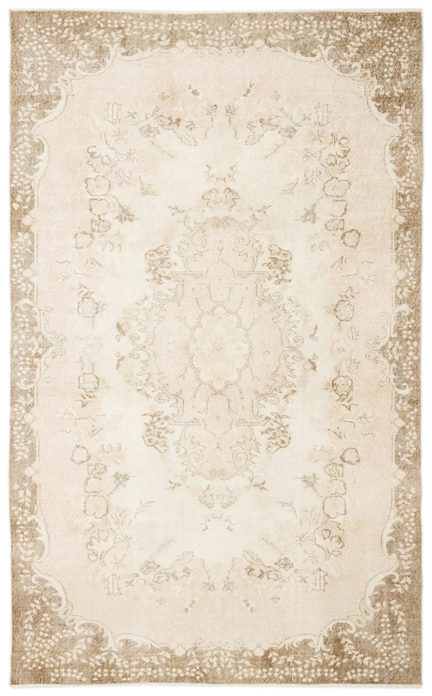 Beige and cream traditional rug with a distressed floral medallion pattern and ornate border.