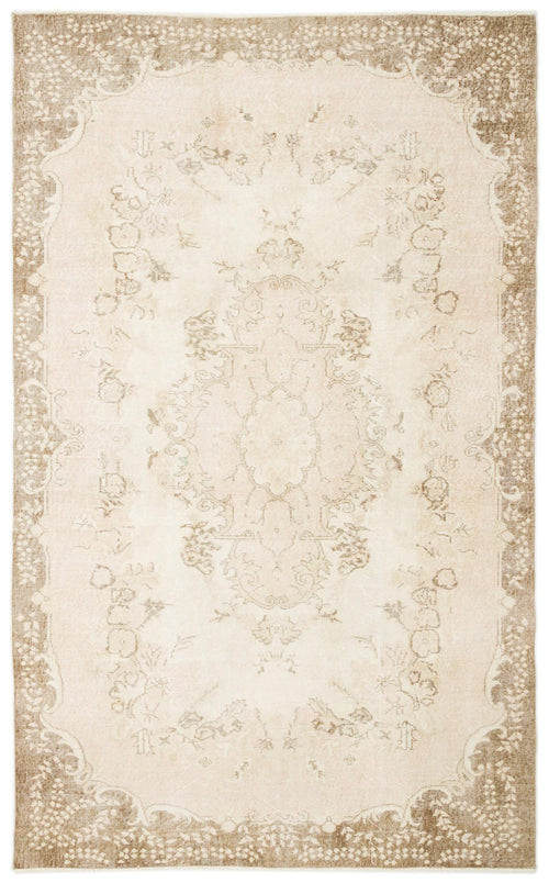 Load image 1 in gallery view. Beige and cream traditional rug with a distressed floral medallion pattern and ornate border.