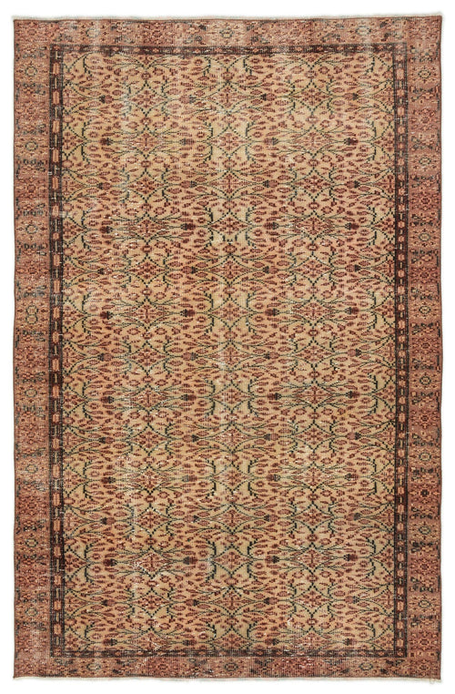 Load image 1 in gallery view. Rust and beige vintage-style rug with an all-over floral vine pattern and a dark geometric border.