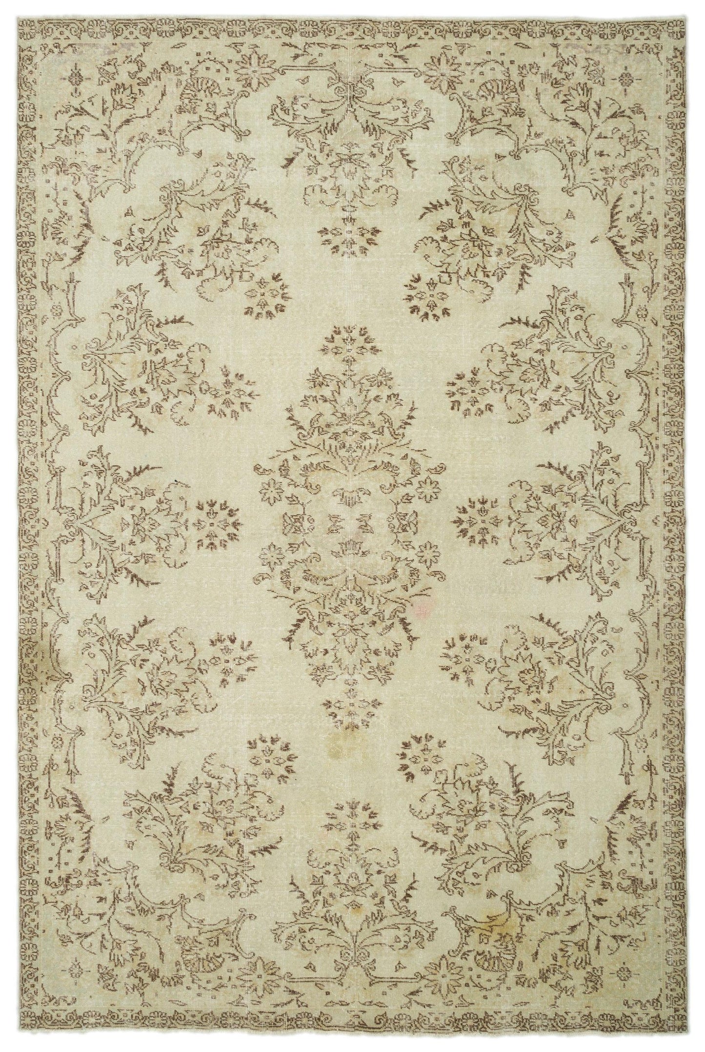 Beige and brown distressed rug with a central floral medallion and repeating botanical motifs within a decorative border.