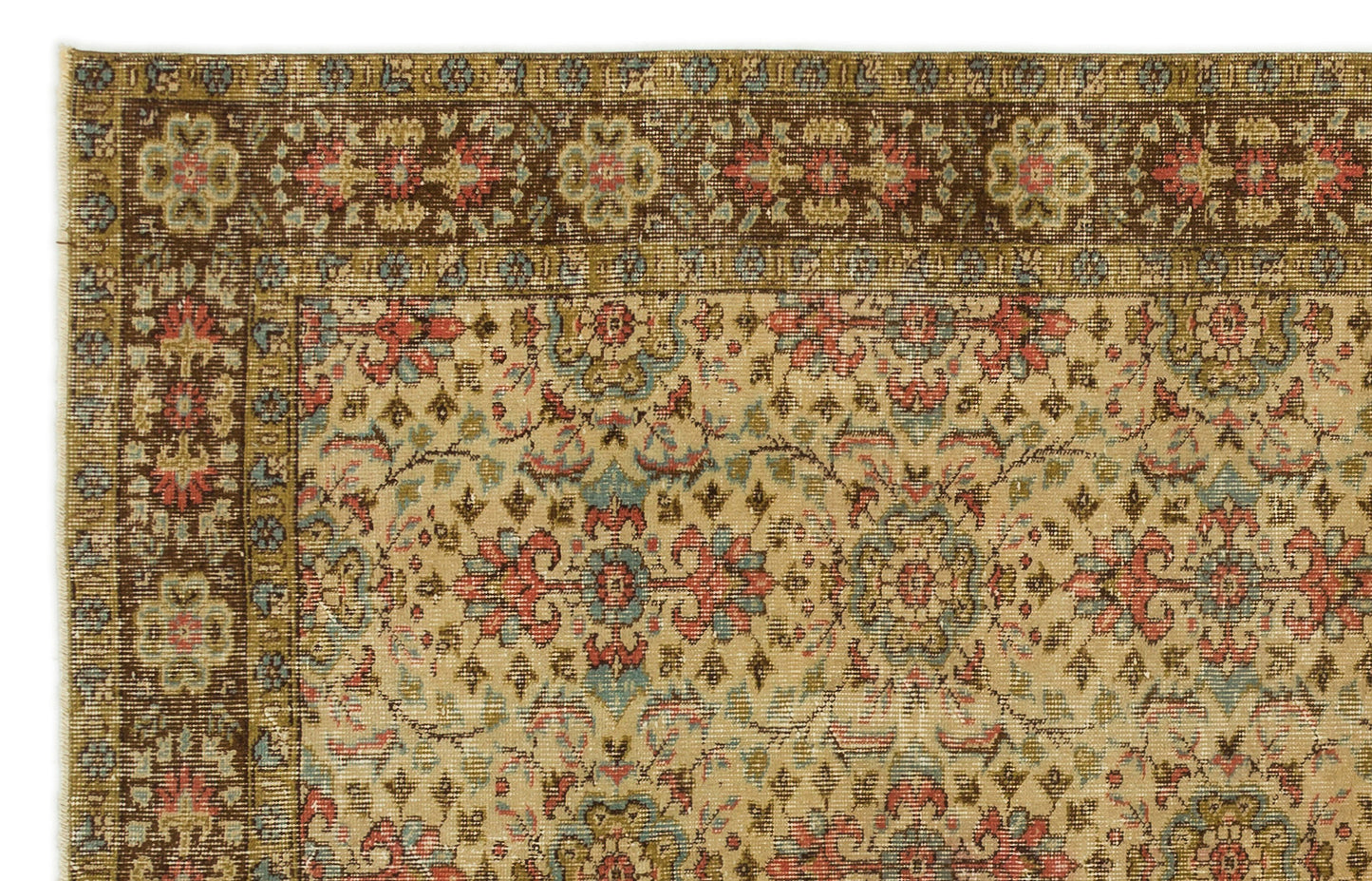 Beige traditional rug with a dark brown border and intricate floral medallion pattern in red, blue, and olive green.