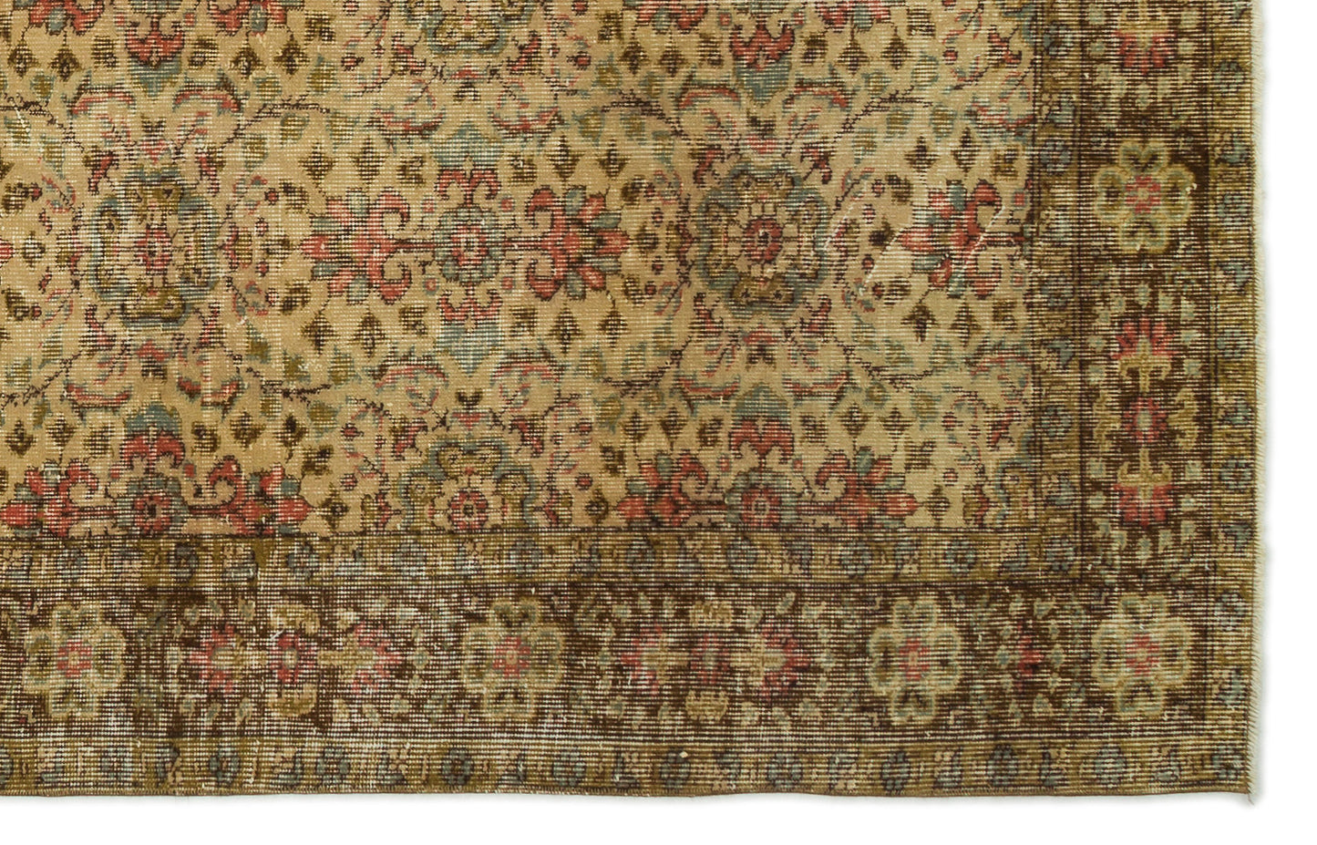 Tan traditional rug with a faded floral medallion pattern, intricate red and blue accents, and a dark brown border.