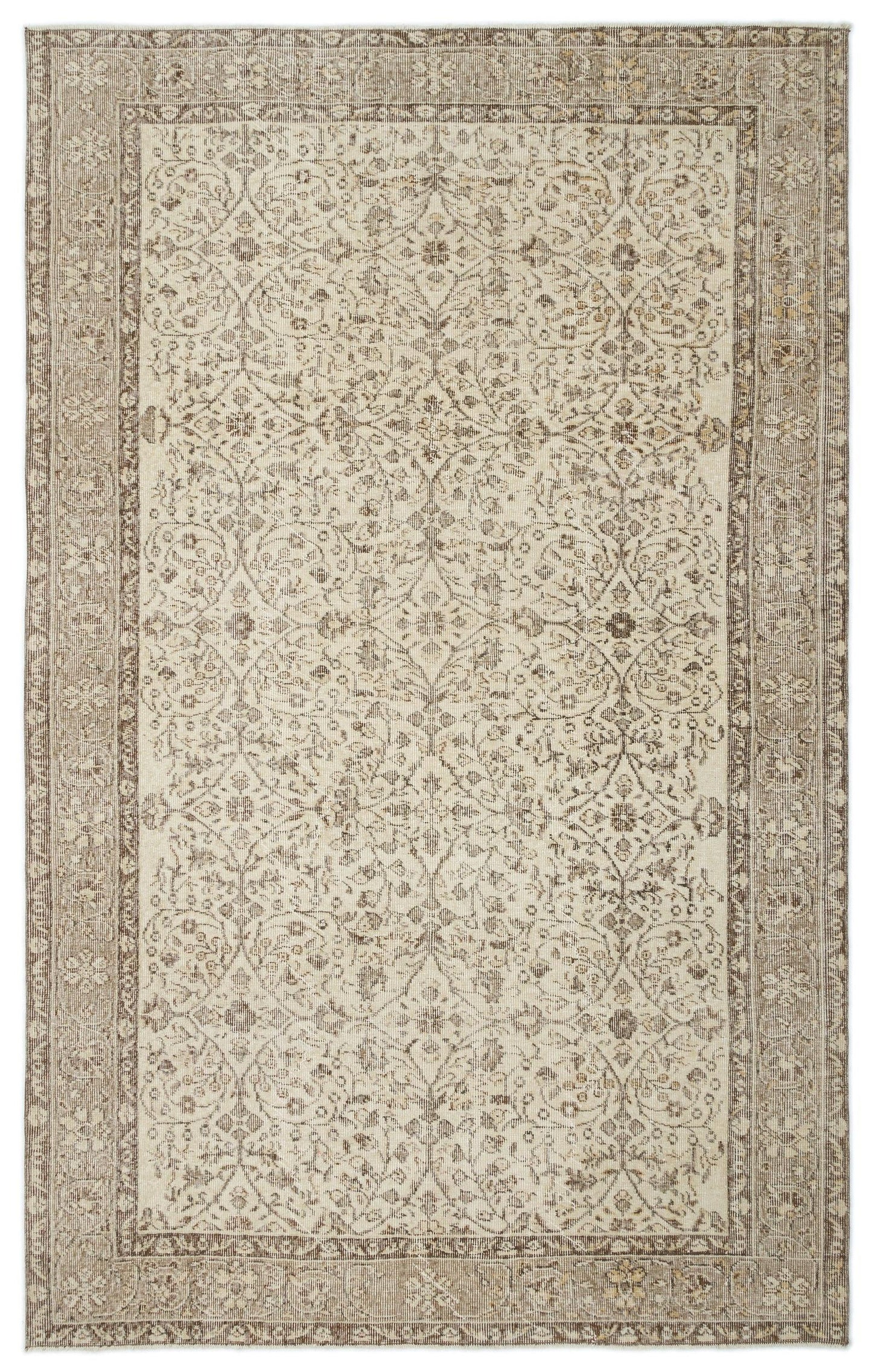 Beige and brown traditional rug with a distressed floral medallion pattern and a wide decorative border.