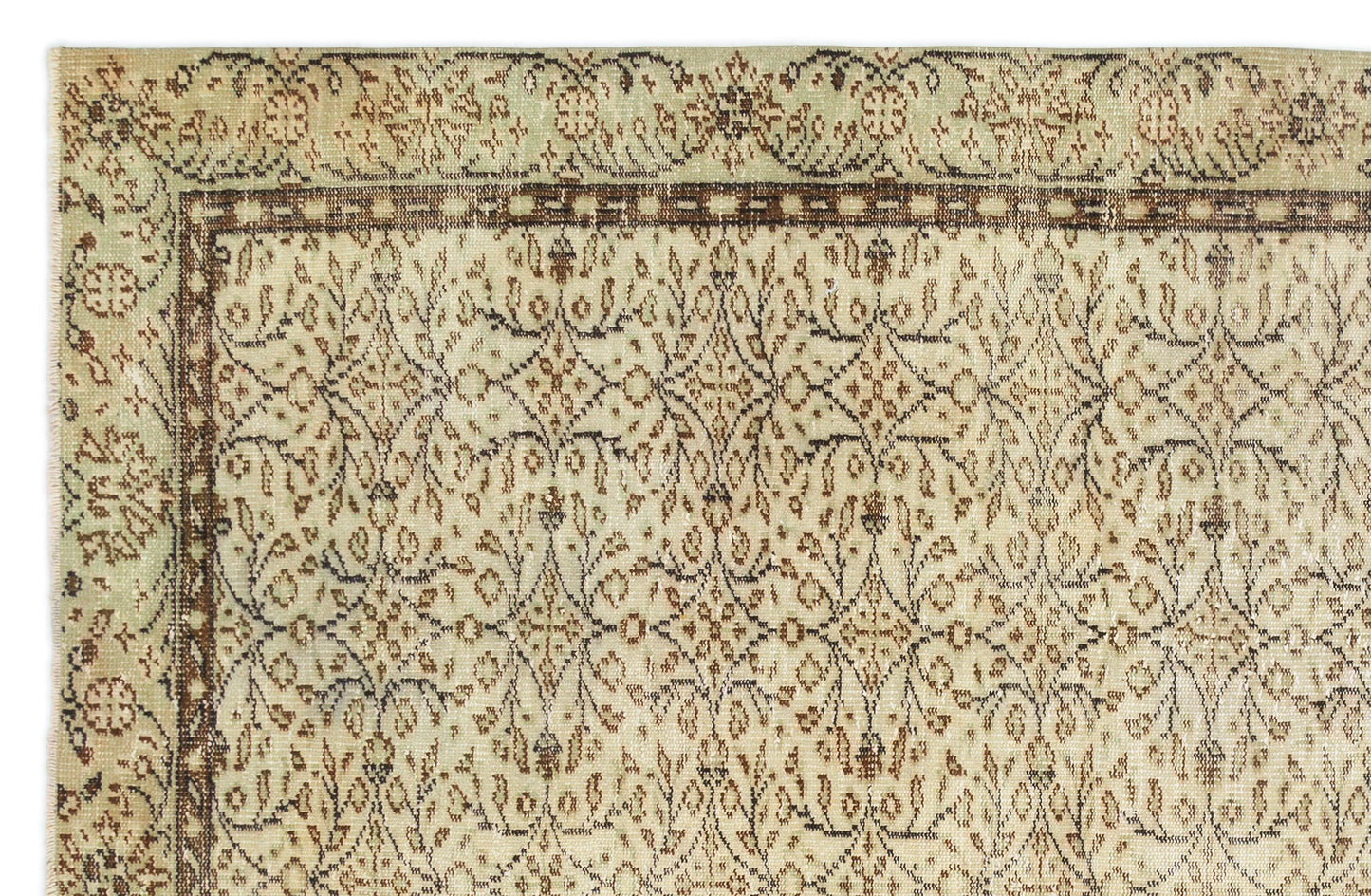 Beige and sage green vintage-style rug with a dark brown floral vine border and intricate central botanical pattern.