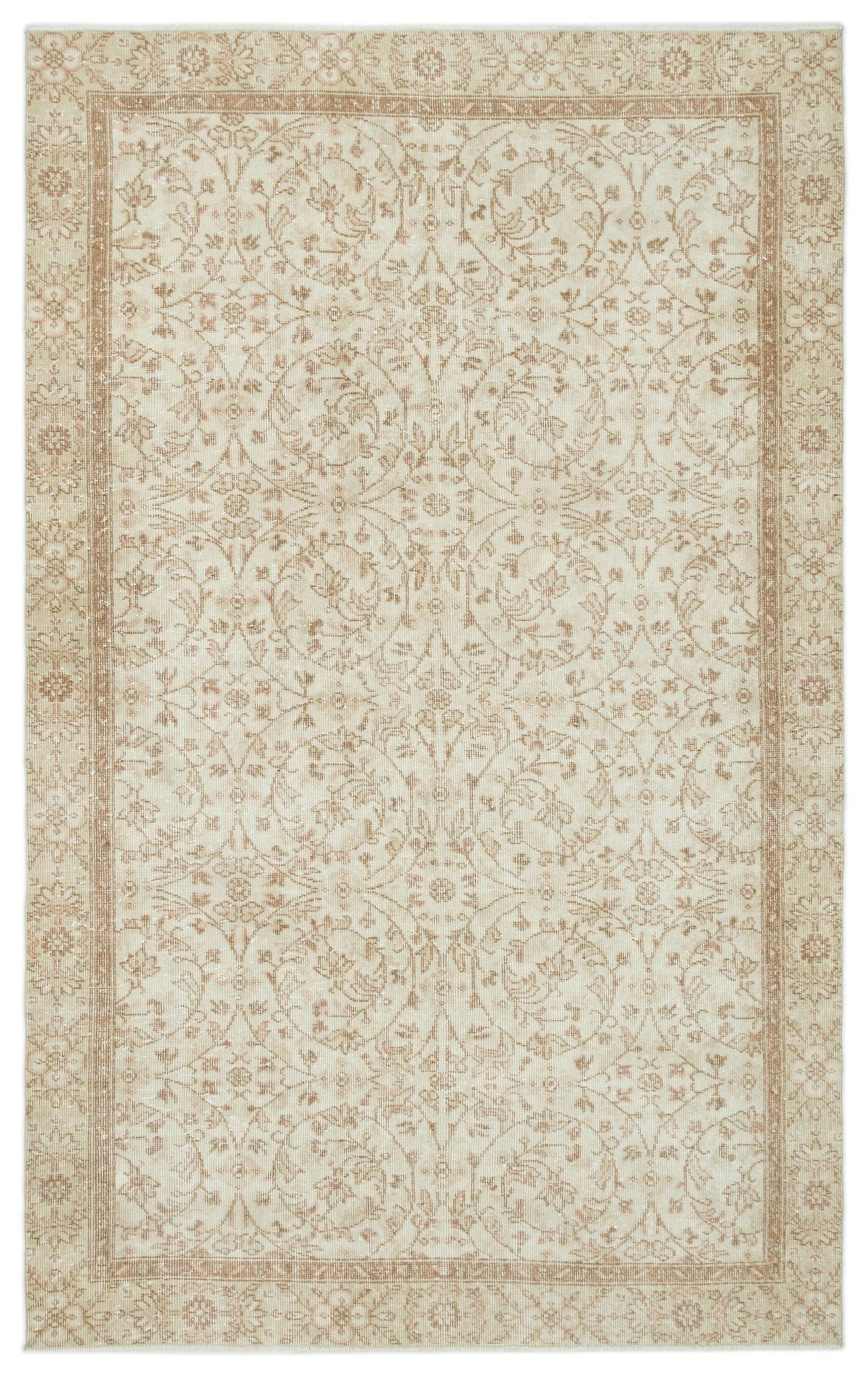 Beige and cream traditional rug with a distressed floral medallion pattern and a decorative border.