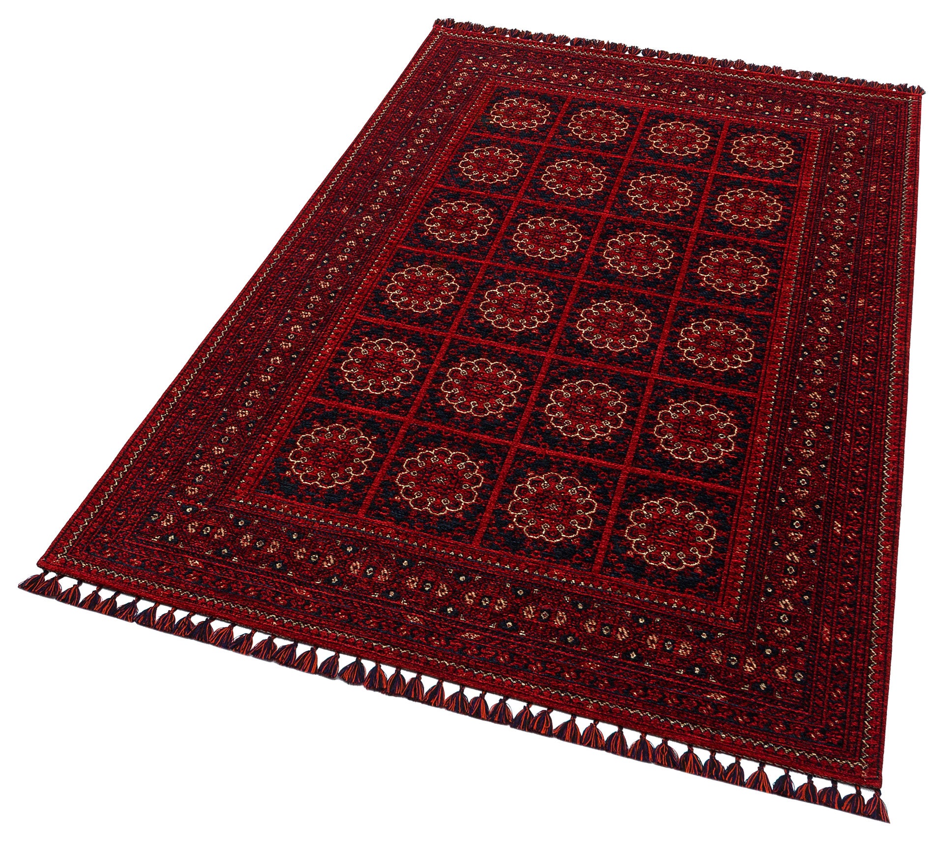 The Fire Ripple - Kilim - BHR03 is a rectangular red chenille weave rug with a geometric border, circular floral patterns in rows, and fringed edges—ideal for adding elegance to your home décor.